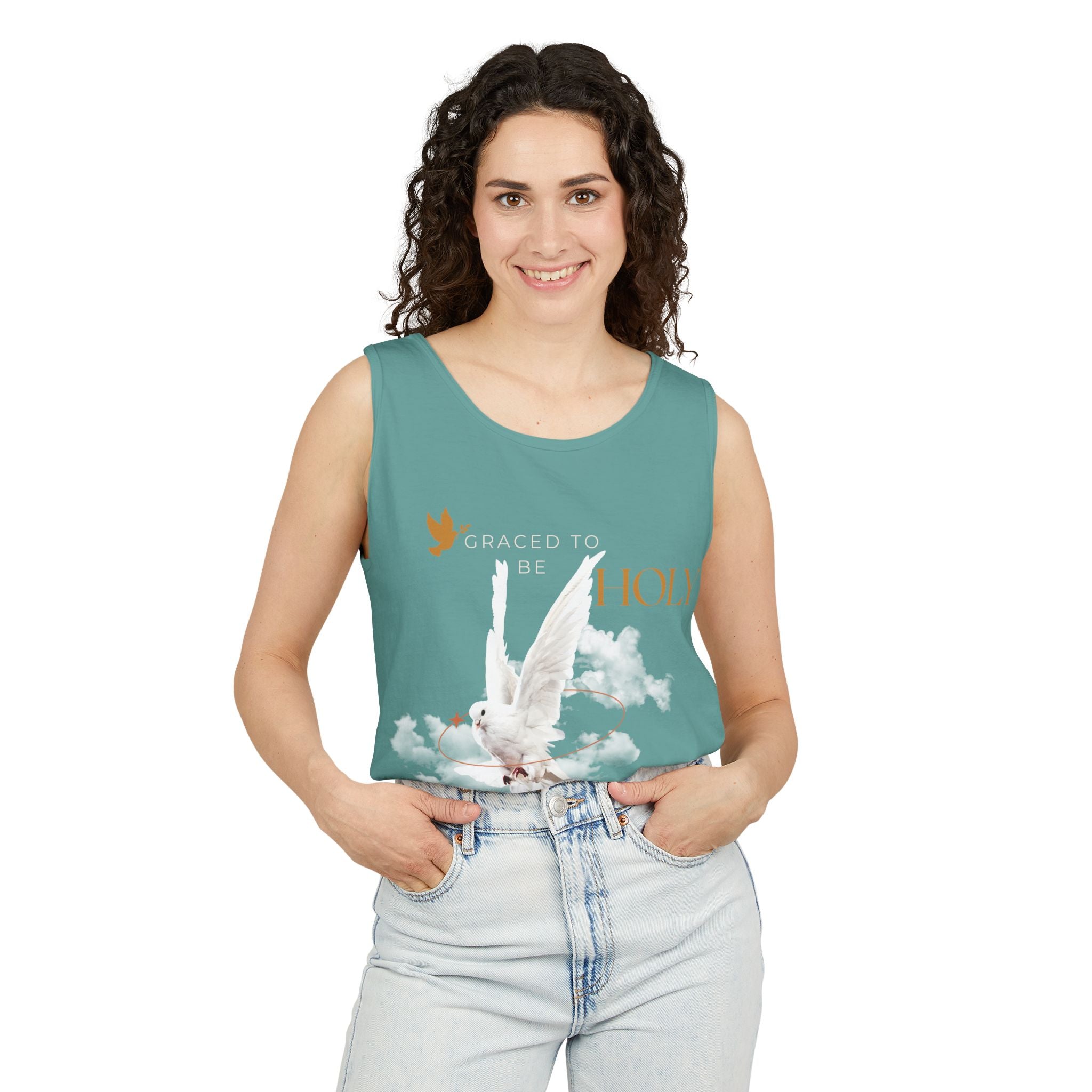 Christian Tank Top — "Graced to Be Holy" Dove Graphic Christian Tank
