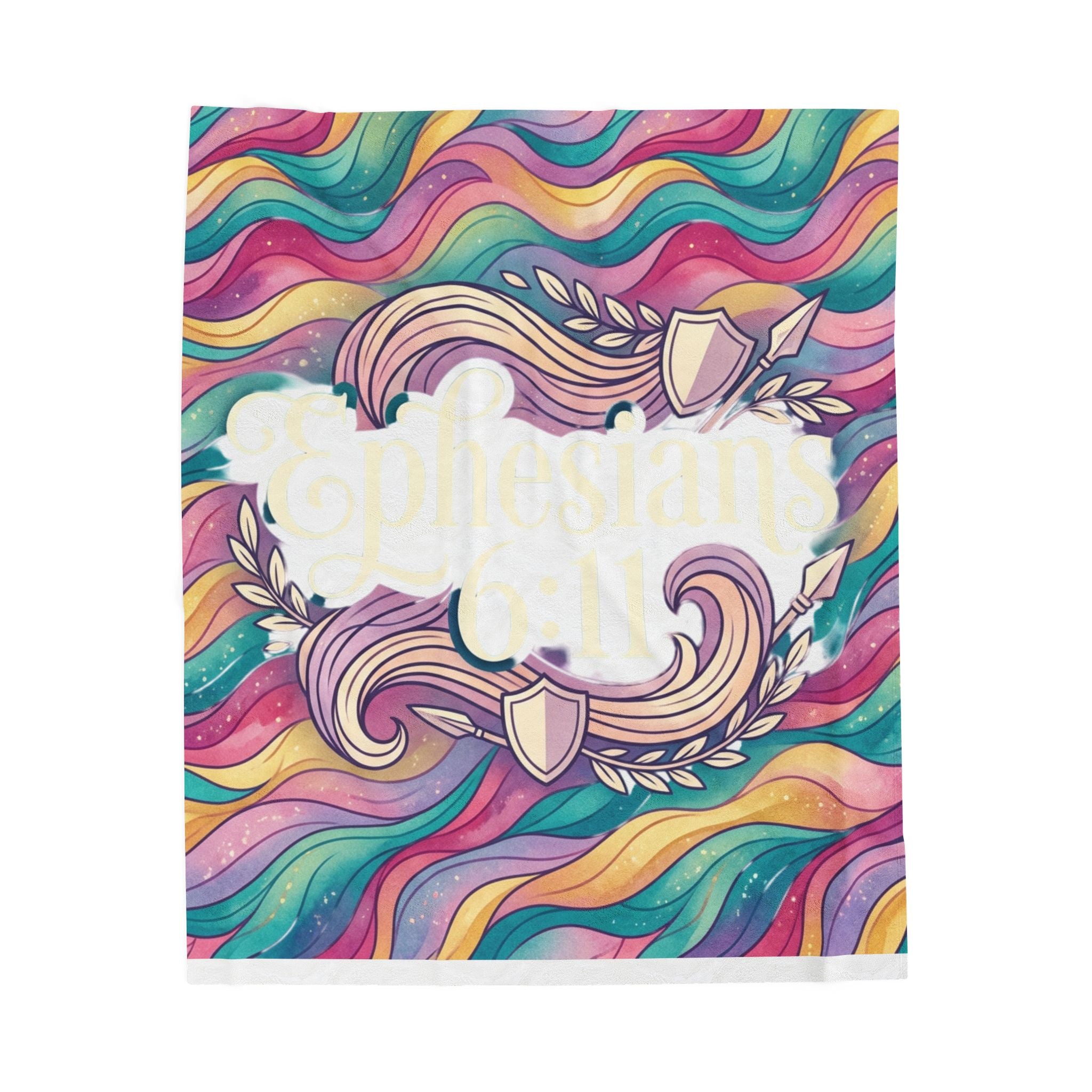 Velveteen Plush Faith Blanket - Colorful Retro Wave Ephesians 6:11 Crest Throw