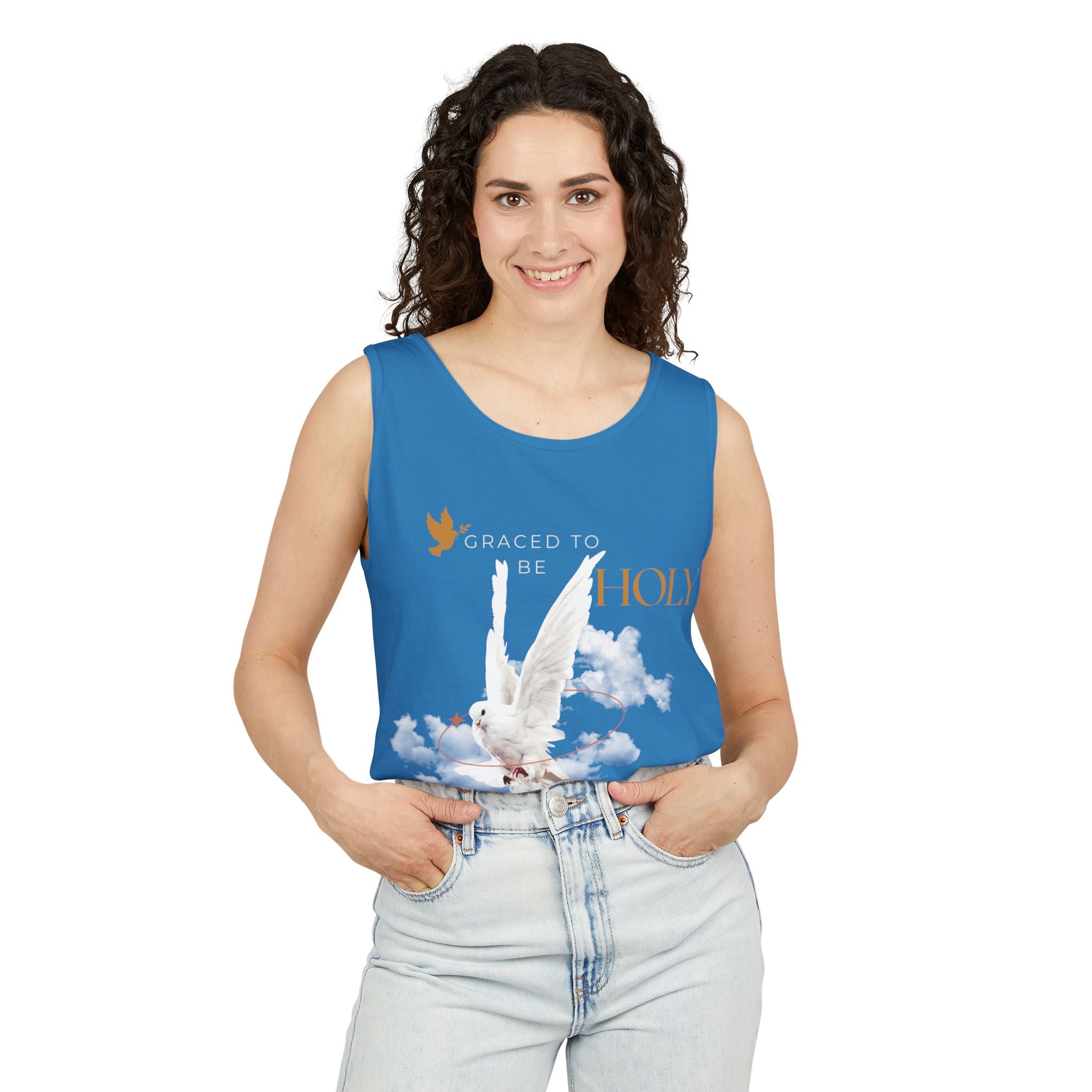 Christian Tank Top — "Graced to Be Holy" Dove Graphic Christian Tank