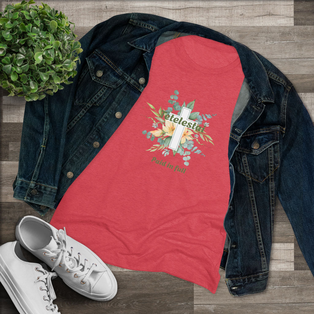 Christian Women's Tee — "Paid in Full" Tetelestai Floral Cross Faith T-Shirt
