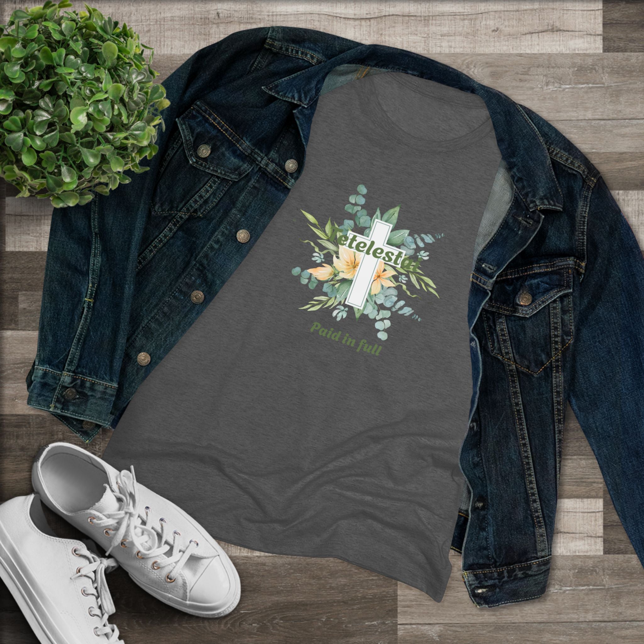 Christian Women's Tee — "Paid in Full" Tetelestai Floral Cross Faith T-Shirt