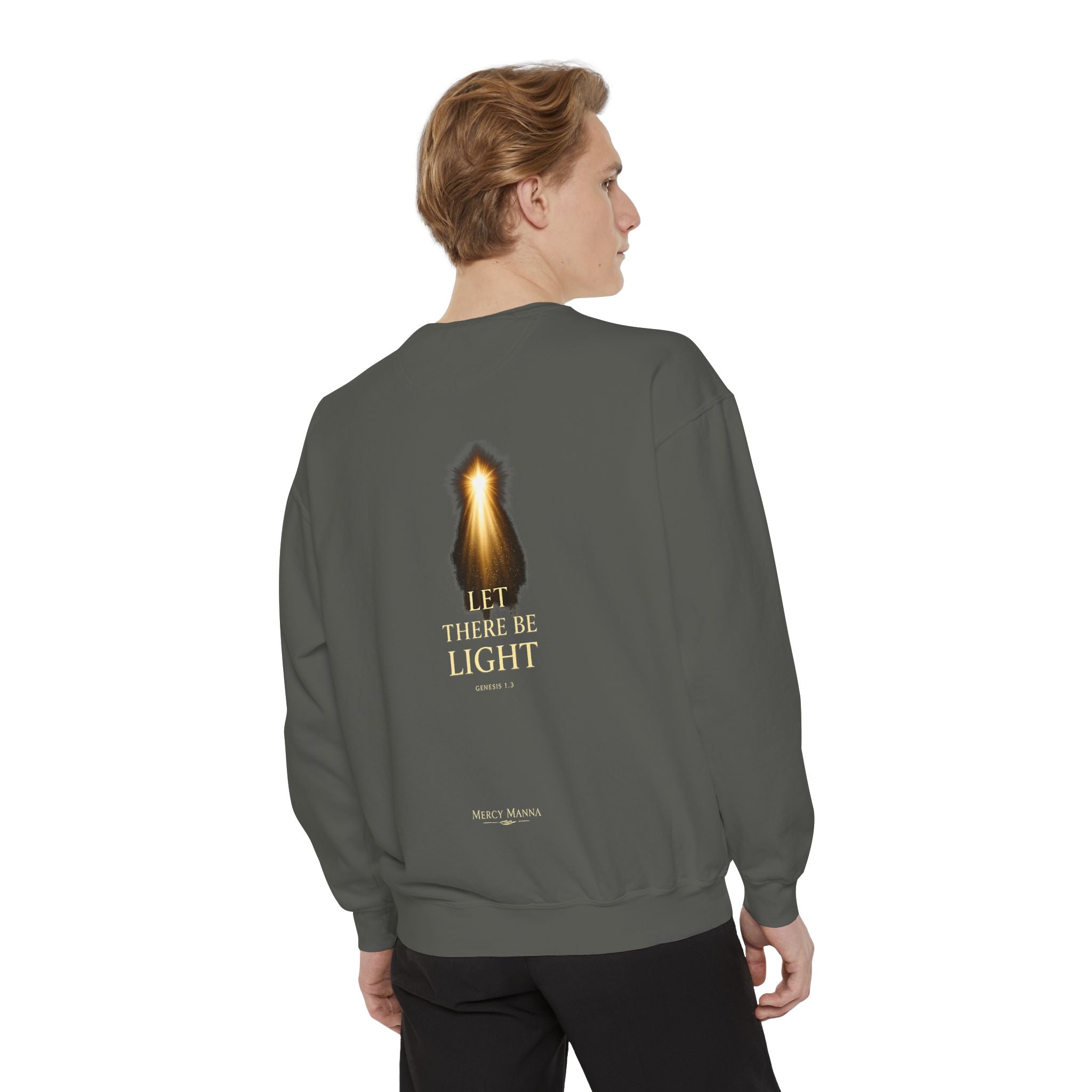 Christian Crewneck Sweatshirt — "Let There Be Light" Cozy Religious Light Figurine Sweatshirt