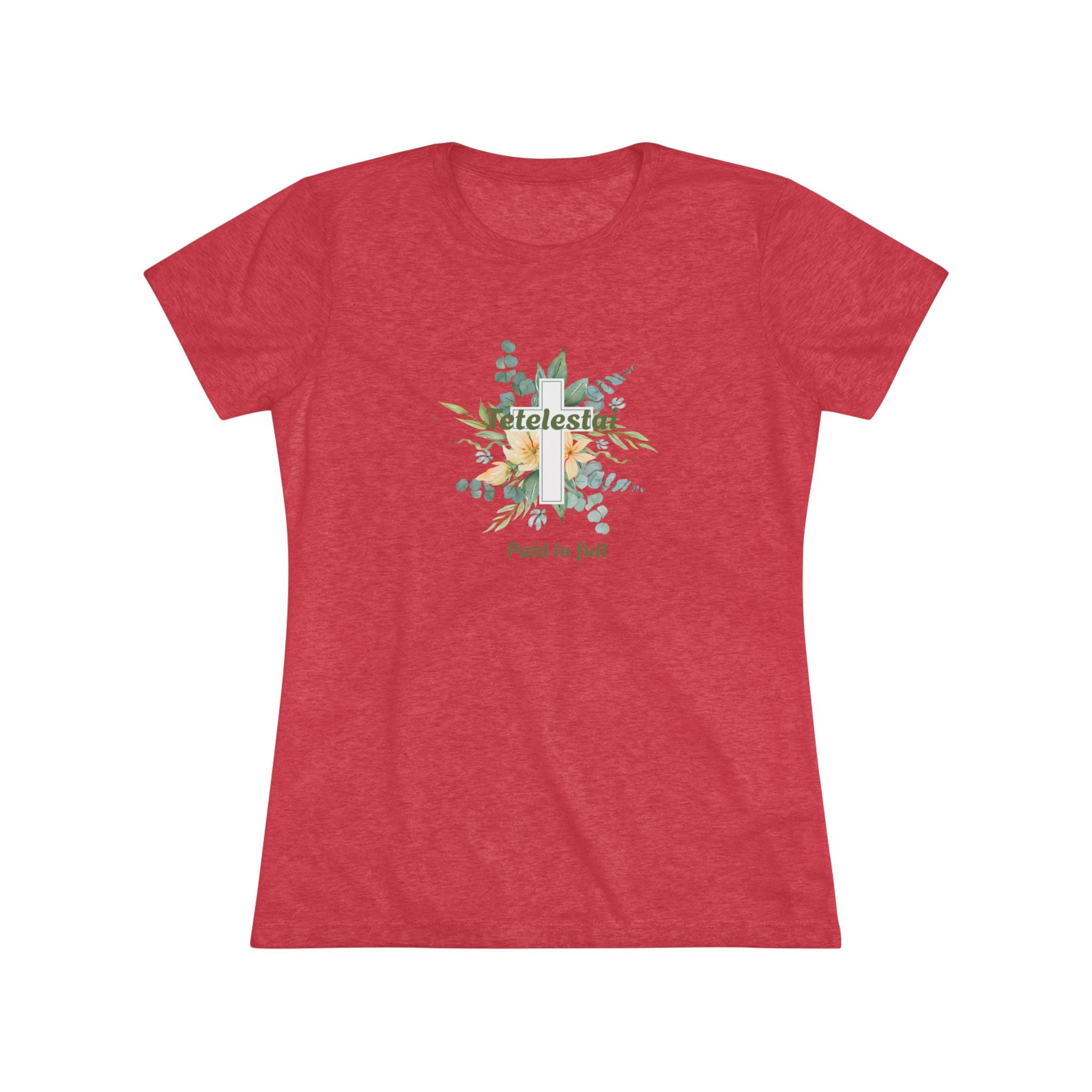 Christian Women's Tee — "Paid in Full" Tetelestai Floral Cross Faith T-Shirt