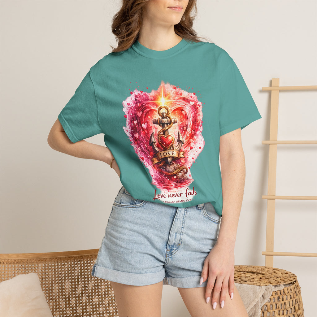 Christian T‑Shirt — 'Love Never Fails' Anchor Heart Graphic Tee