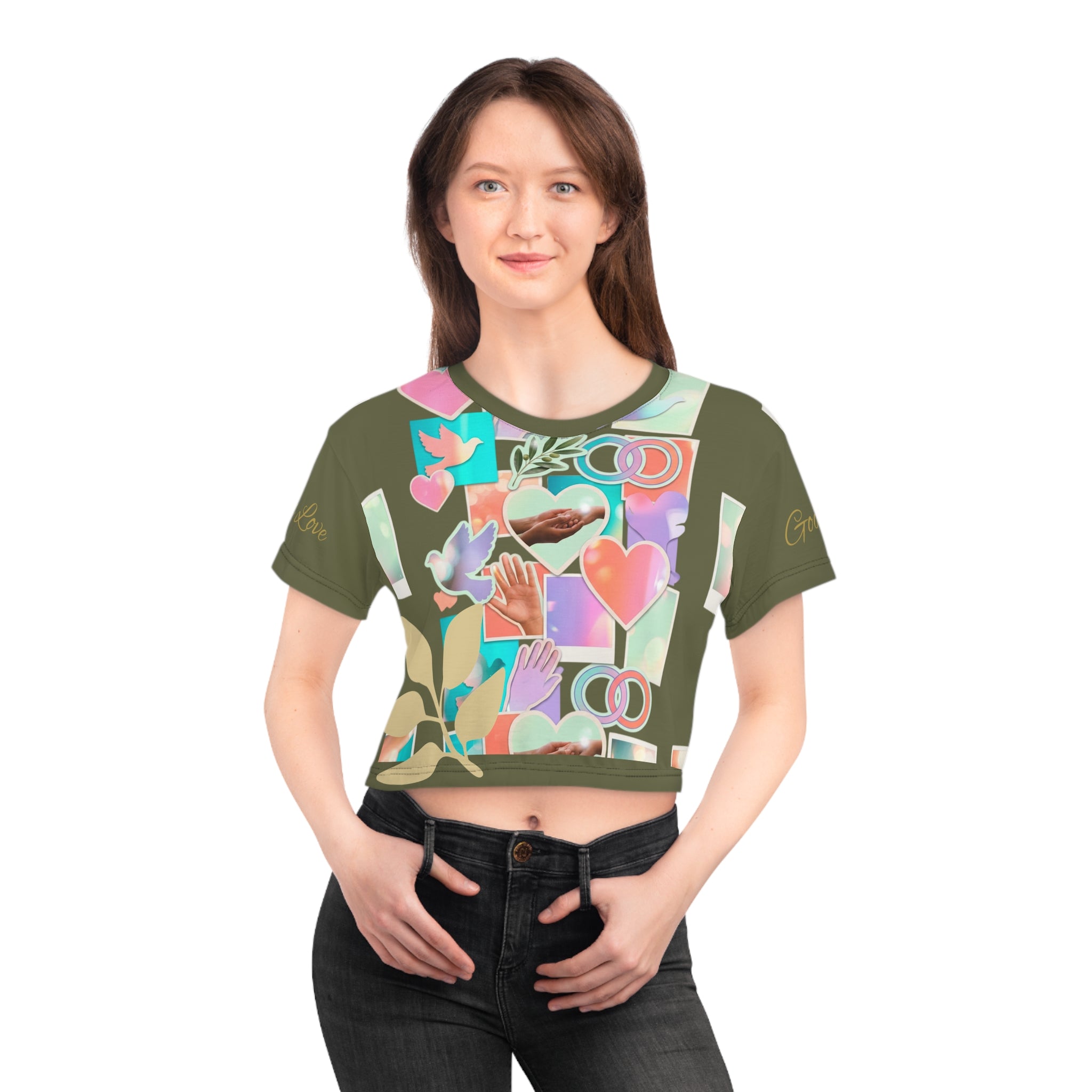 Christian Women's Crop Tee — "Agape: God is Love" All-Over Print Faith T-Shirt