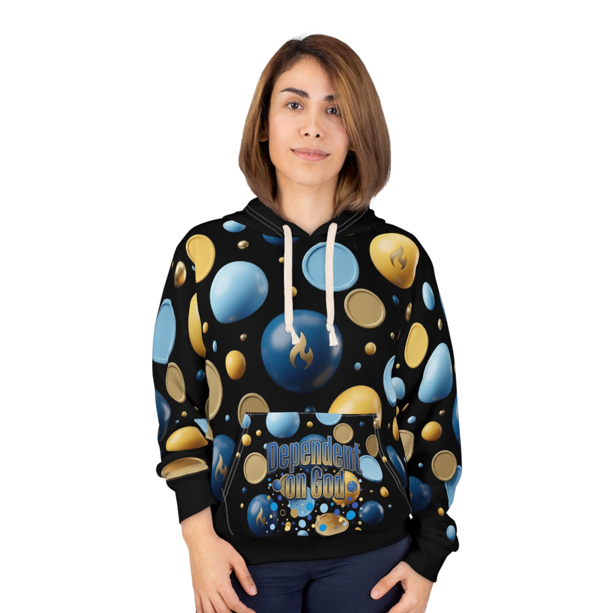 Dependent on God Hoodie — Blue & Gold Bubble Print