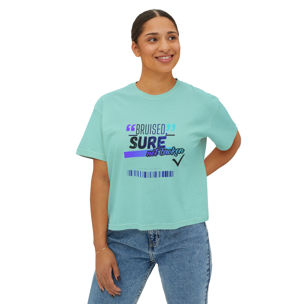 Christian Women's Boxy Tee — "Bruised Sure Not Broken" Retro Surf Faith T-Shirt