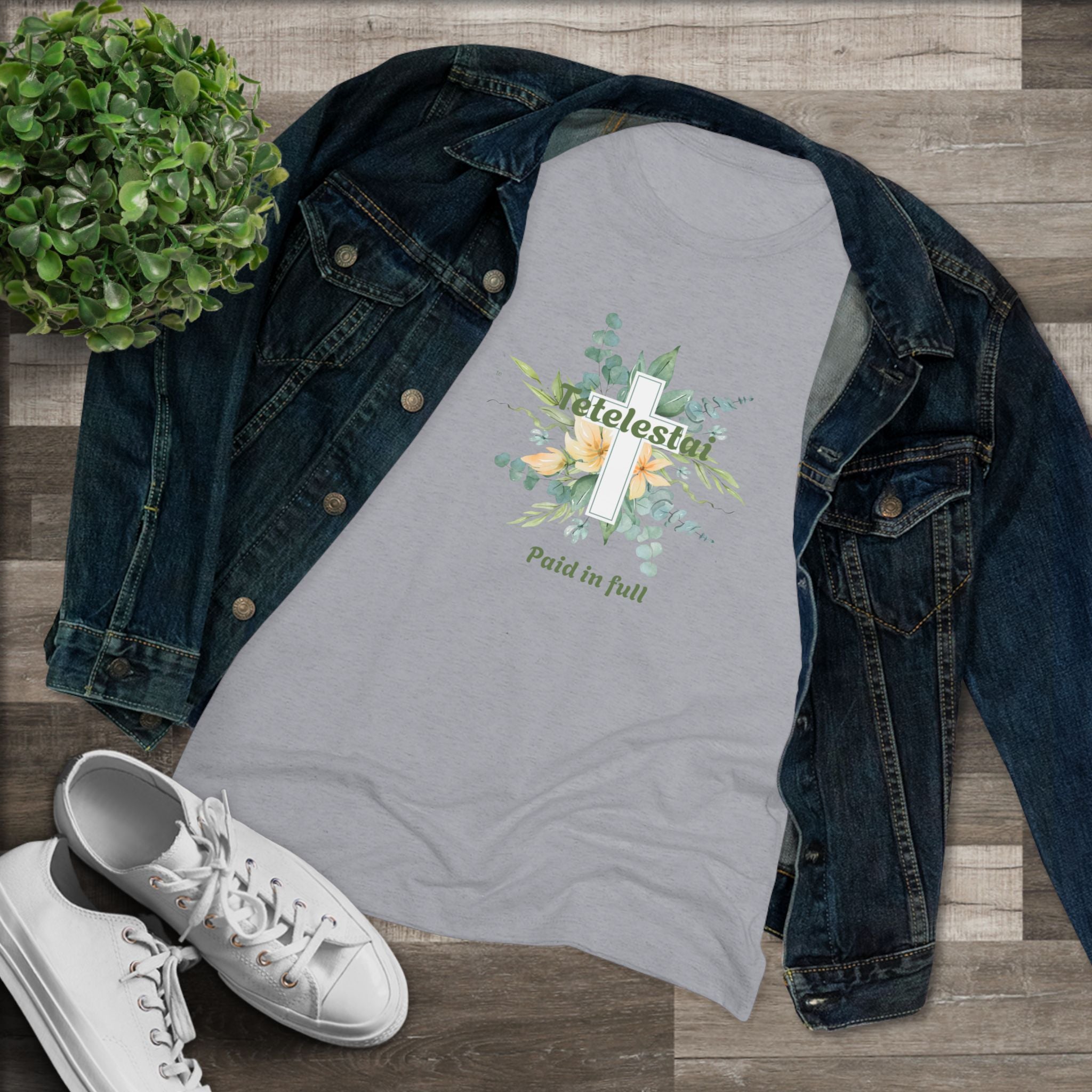 Christian Women's Tee — "Paid in Full" Tetelestai Floral Cross Faith T-Shirt