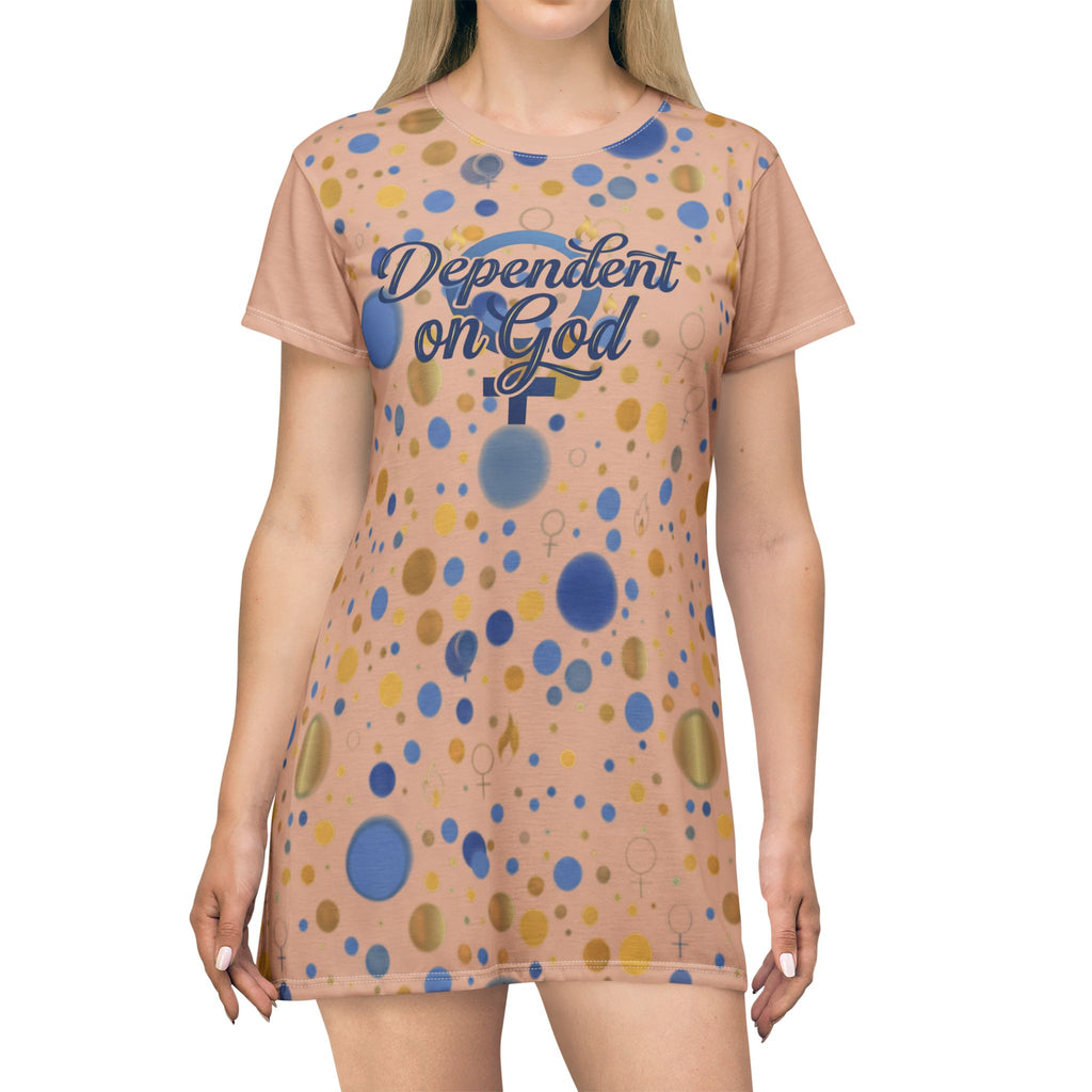 Dependent on God T-Shirt Dress — Peach Polka Dot Print
