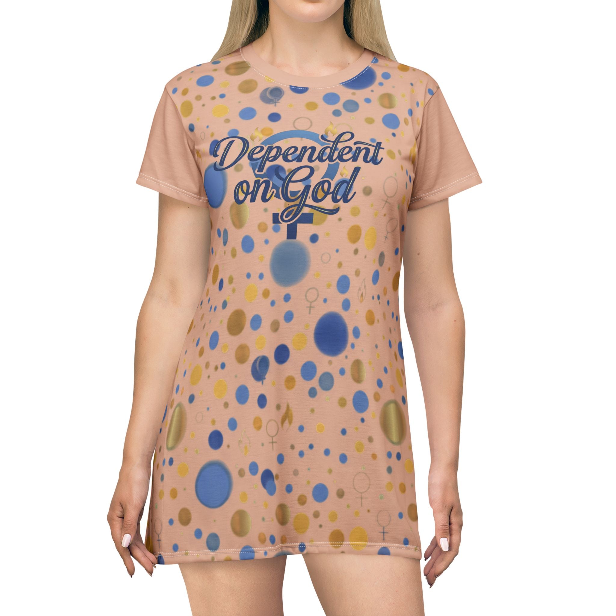 Dependent on God T-Shirt Dress — Peach Polka Dot Print