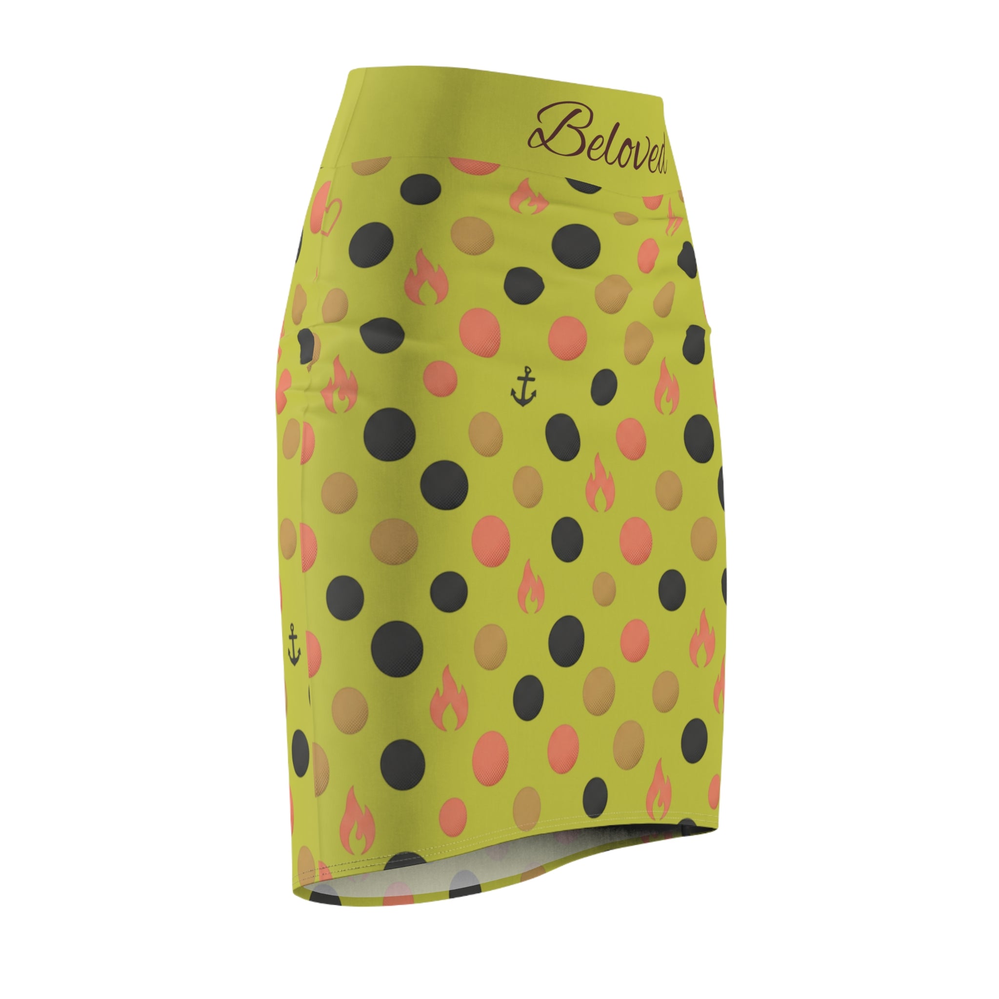 Beloved Yellow Polka Dot Pencil Skirt — Faith Anchor & Flame Pattern