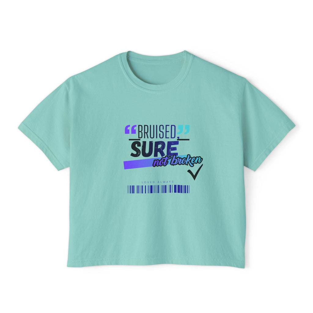 Christian Women's Boxy Tee — "Bruised Sure Not Broken" Retro Surf Faith T-Shirt