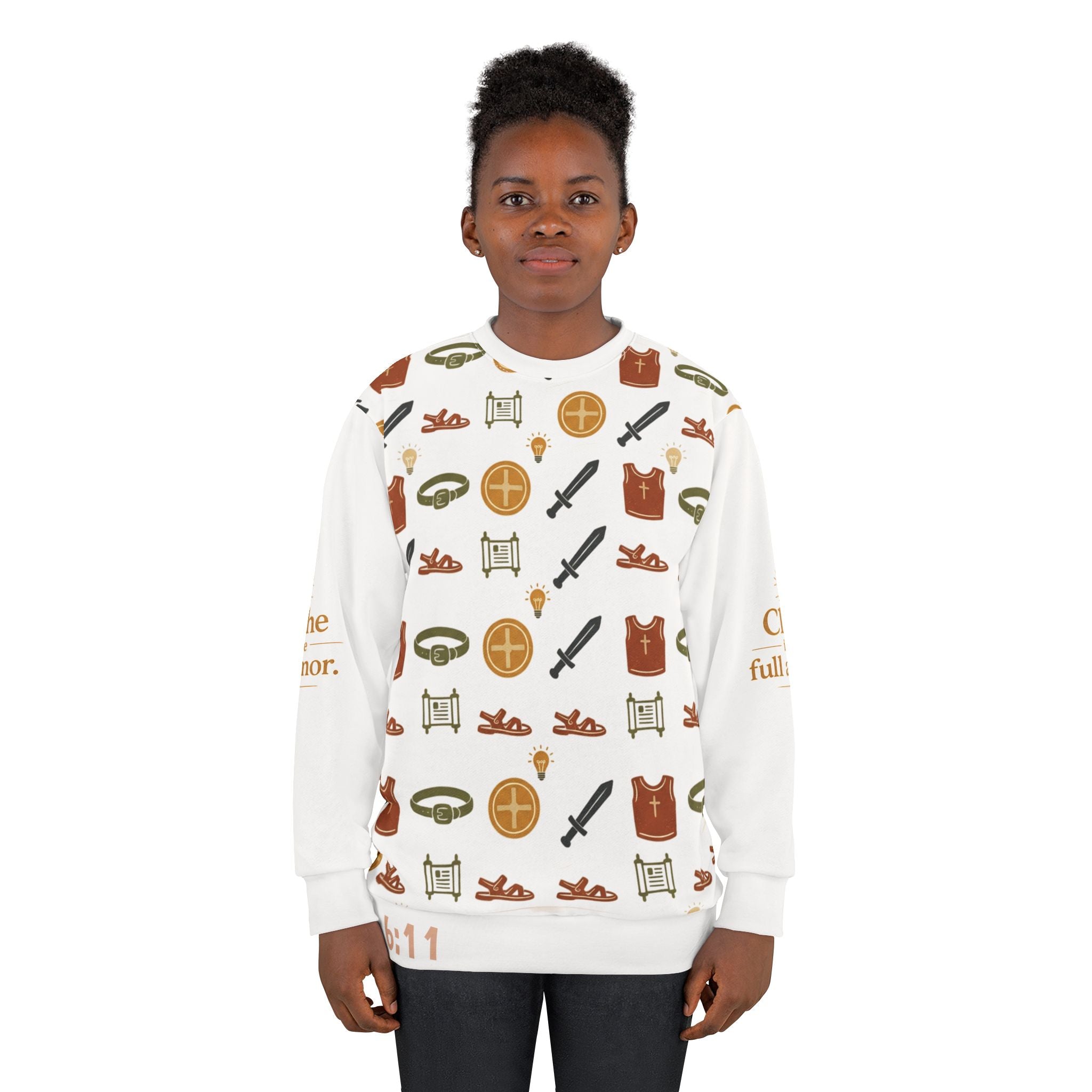 Armor of God Pattern Sweatshirt — Christian Faith Symbols All-Over Print