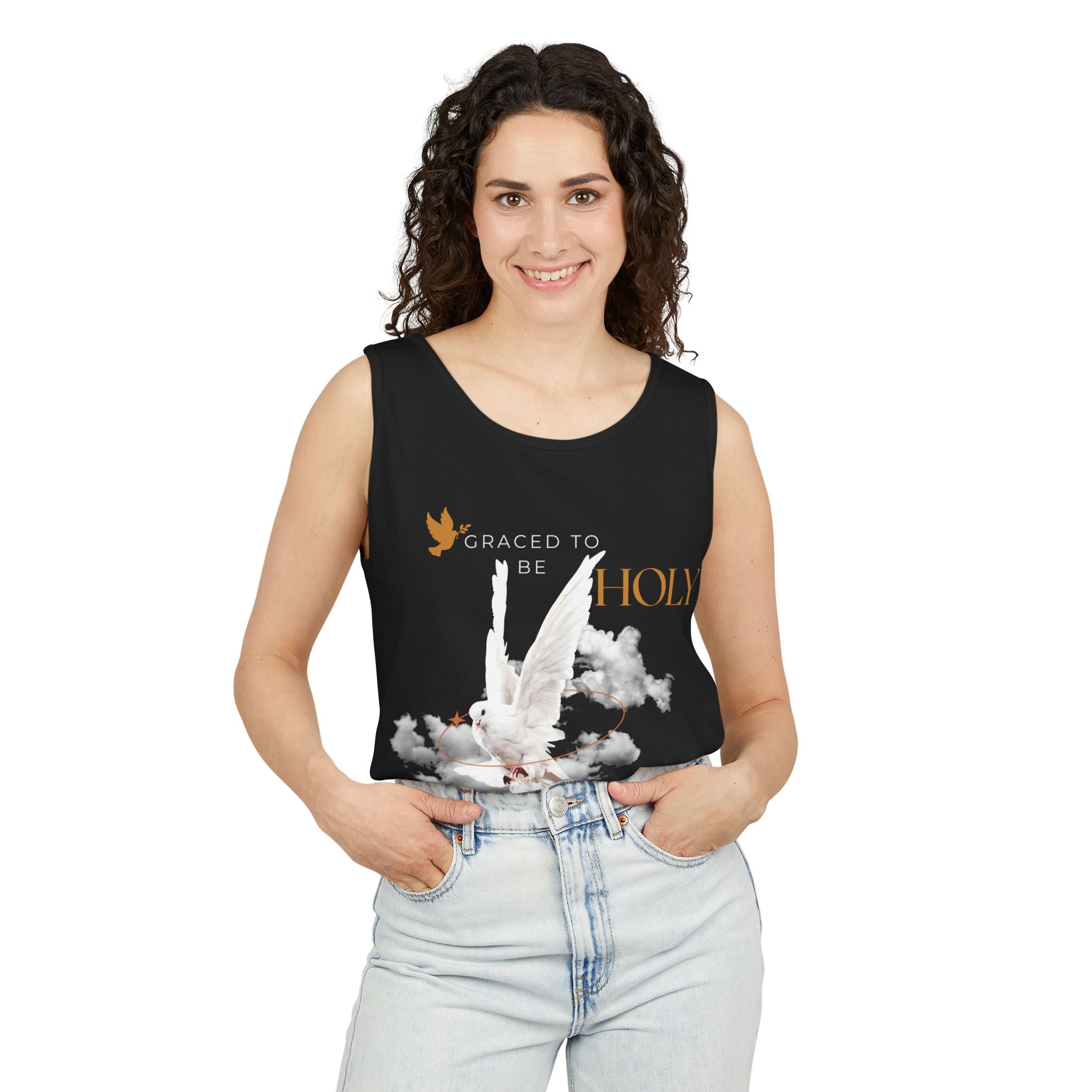 Christian Tank Top — "Graced to Be Holy" Dove Graphic Christian Tank