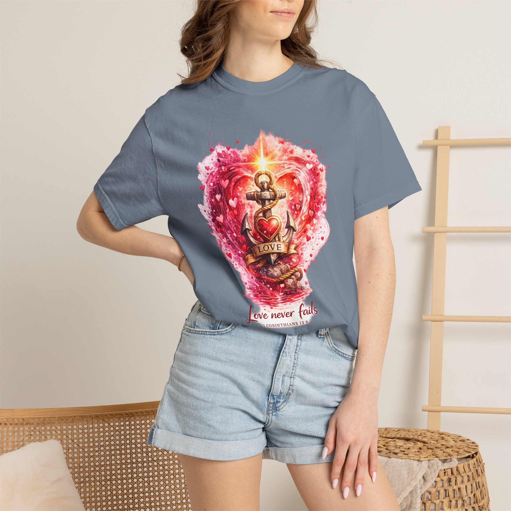 Christian T‑Shirt — 'Love Never Fails' Anchor Heart Graphic Tee