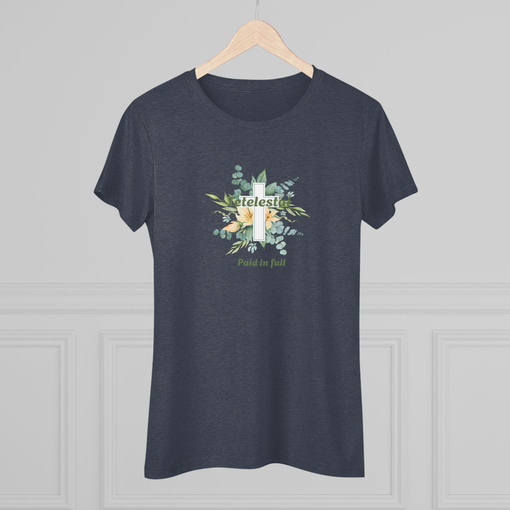 Christian Women's Tee — "Paid in Full" Tetelestai Floral Cross Faith T-Shirt