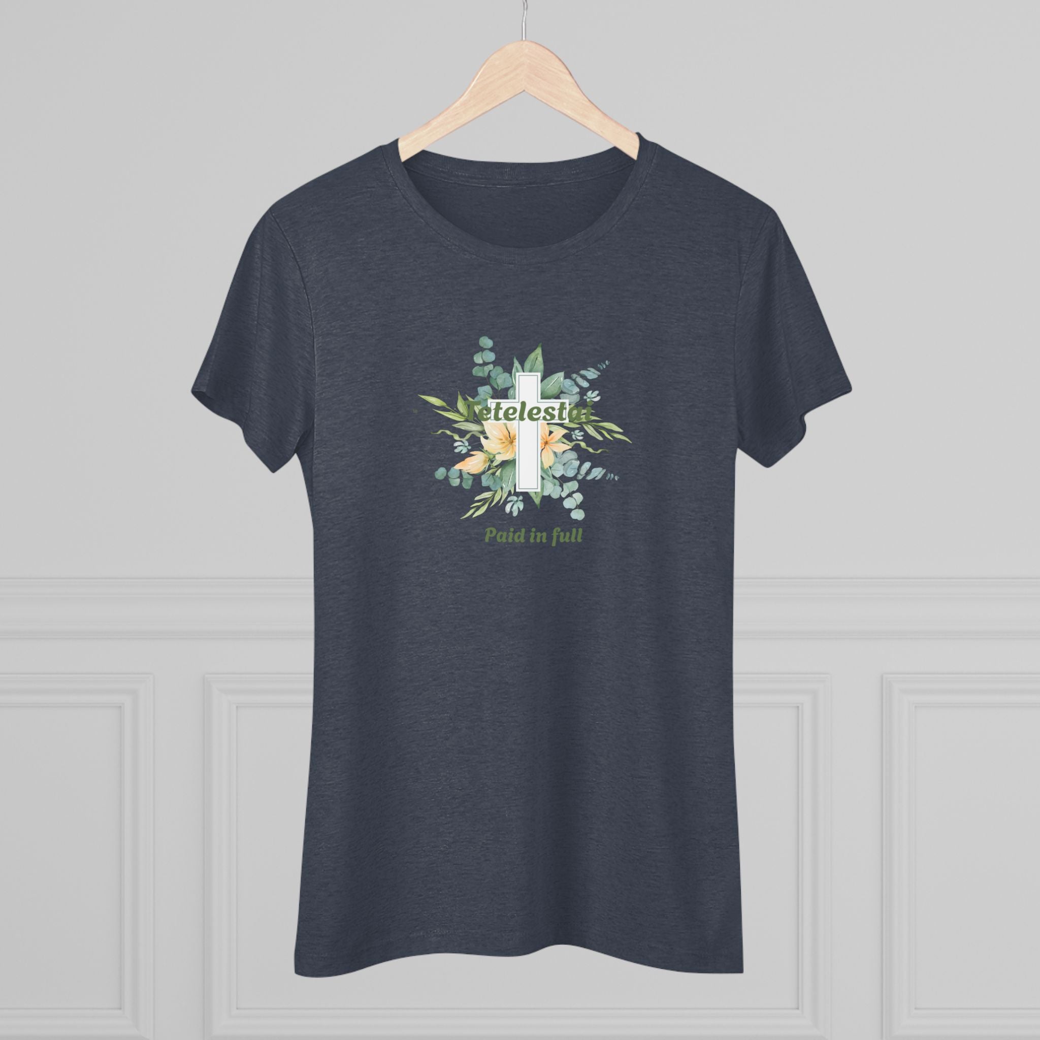 Christian Women's Tee — "Paid in Full" Tetelestai Floral Cross Faith T-Shirt