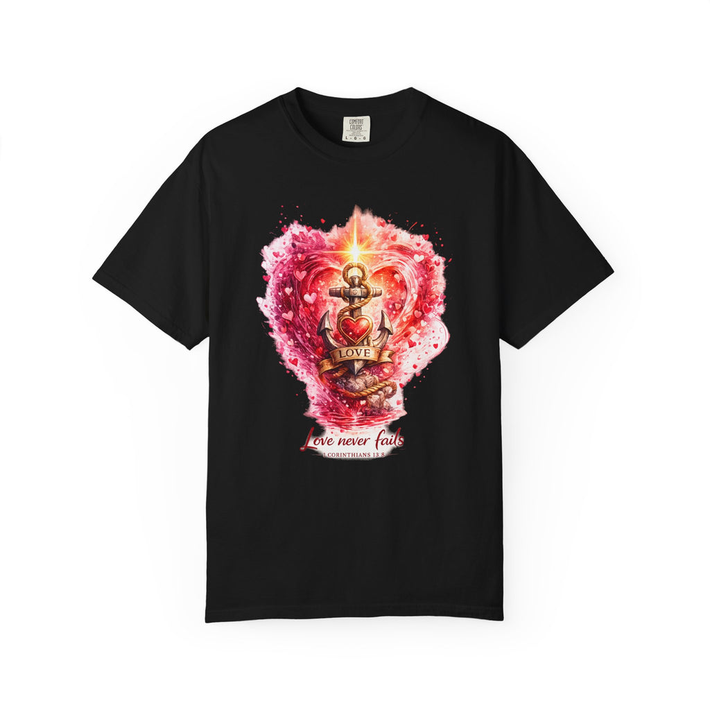 Christian T‑Shirt — 'Love Never Fails' Anchor Heart Graphic Tee