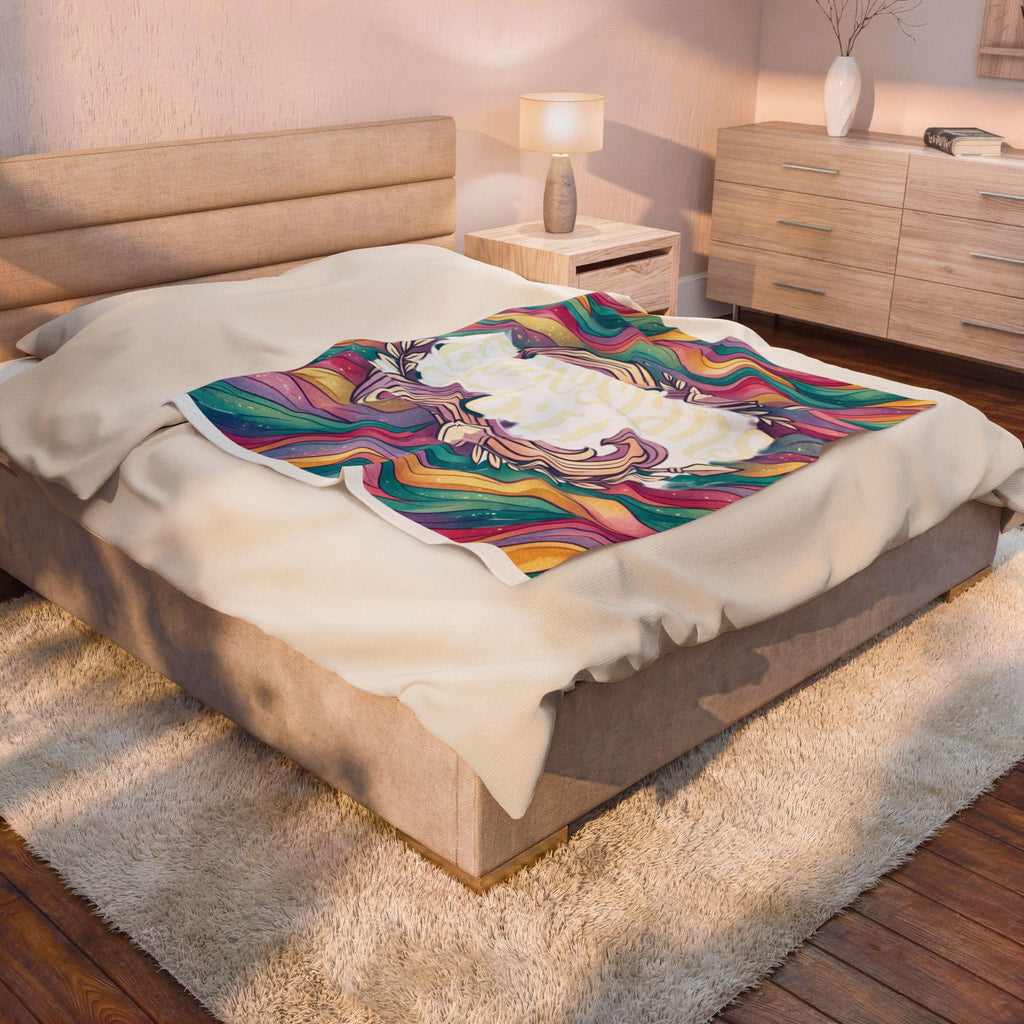 Velveteen Plush Faith Blanket - Colorful Retro Wave Ephesians 6:11 Crest Throw