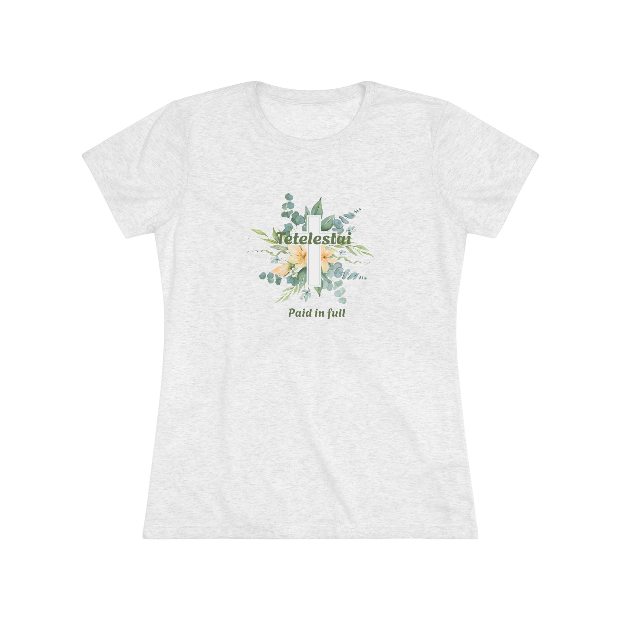 Christian Women's Tee — "Paid in Full" Tetelestai Floral Cross Faith T-Shirt