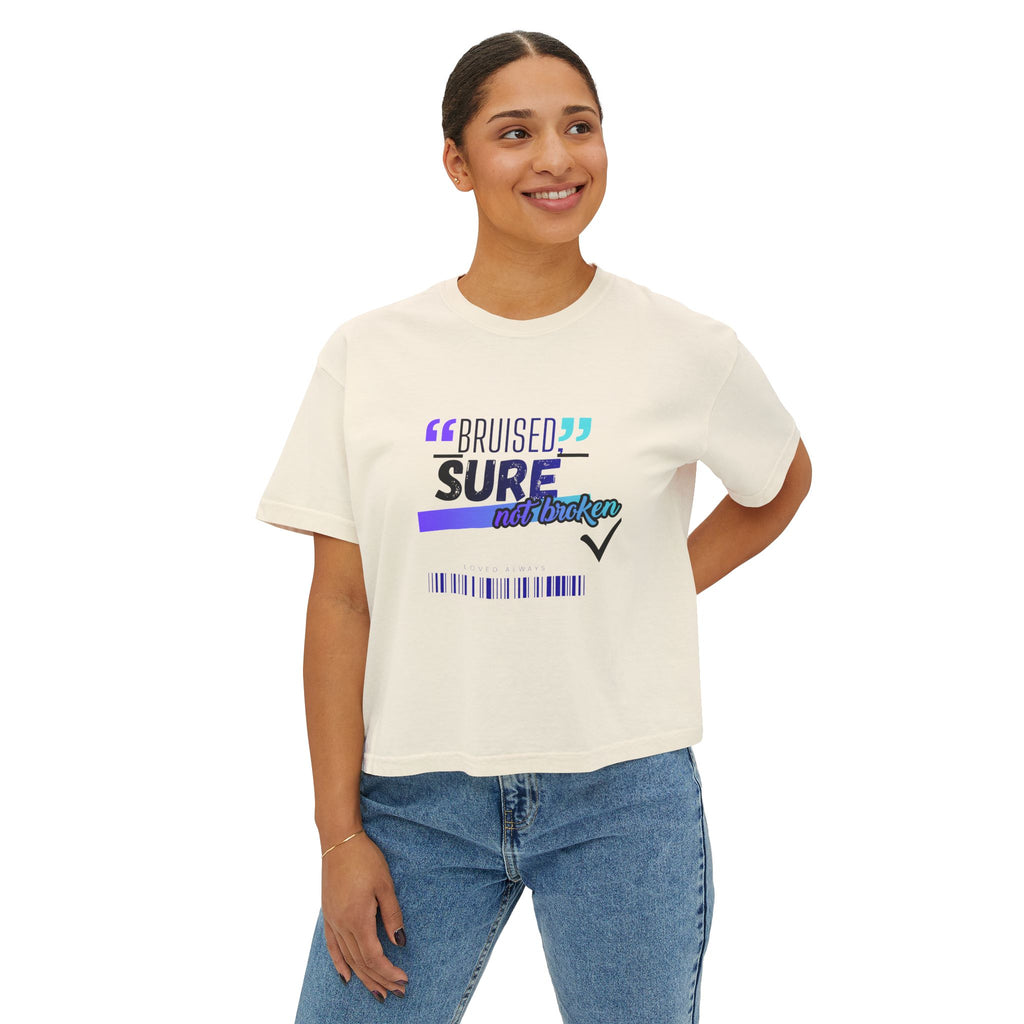 Christian Women's Boxy Tee — "Bruised Sure Not Broken" Retro Surf Faith T-Shirt