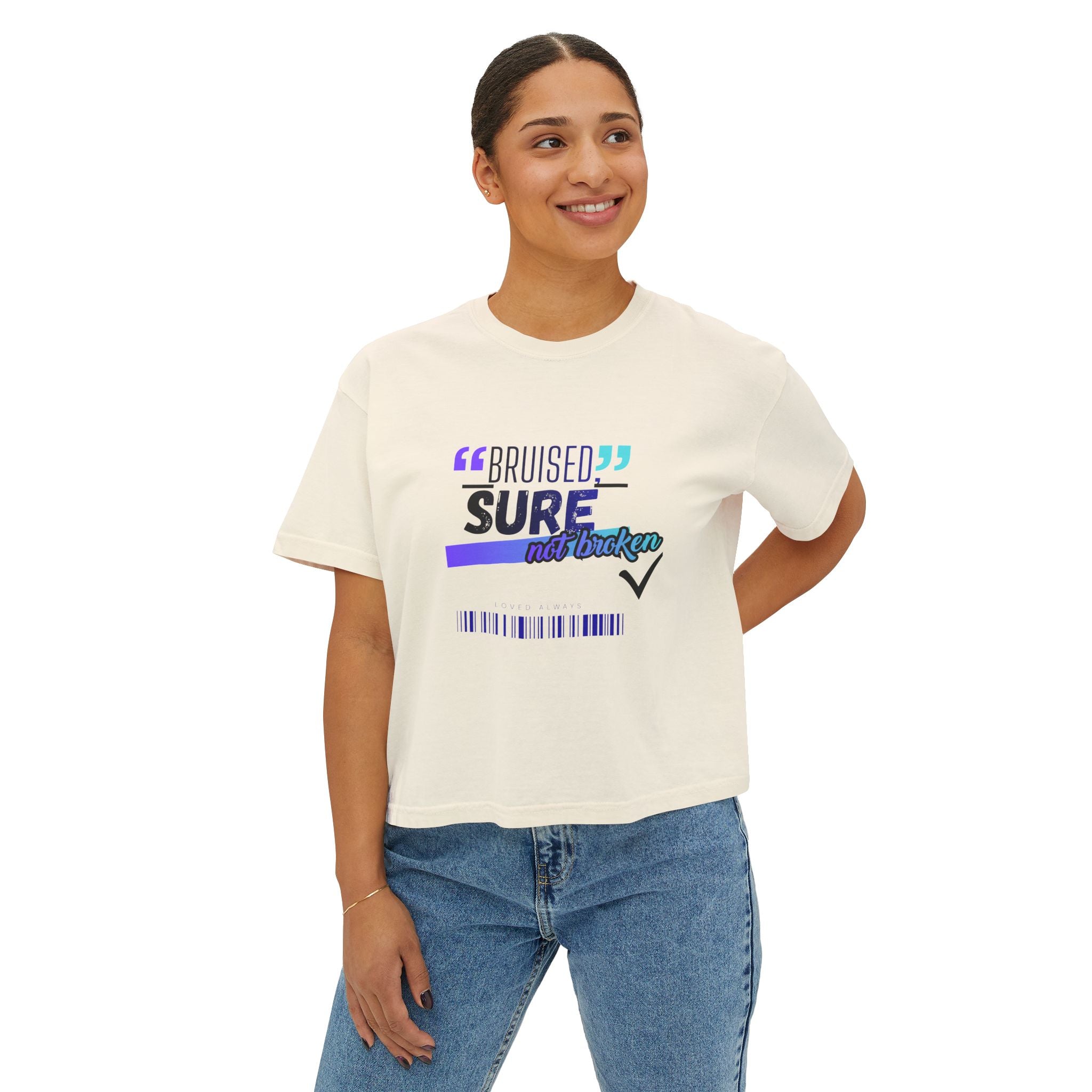 Christian Women's Boxy Tee — "Bruised Sure Not Broken" Retro Surf Faith T-Shirt