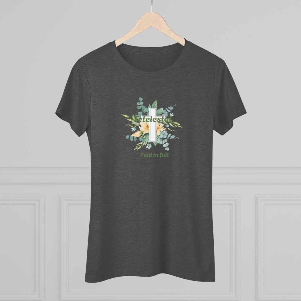 Christian Women's Tee — "Paid in Full" Tetelestai Floral Cross Faith T-Shirt