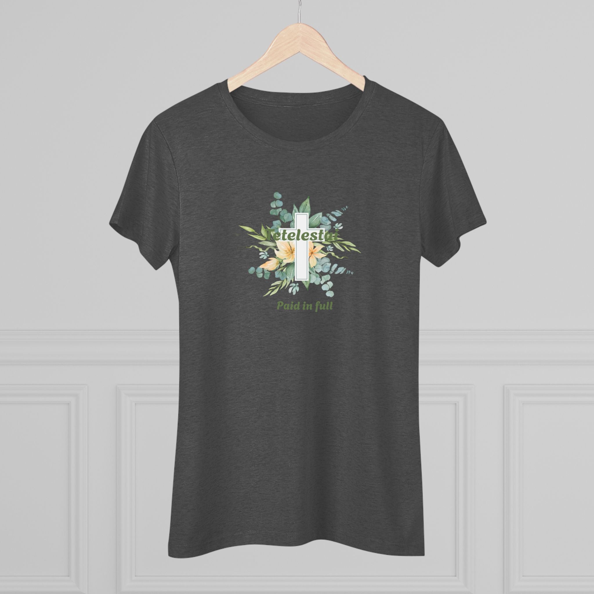 Christian Women's Tee — "Paid in Full" Tetelestai Floral Cross Faith T-Shirt