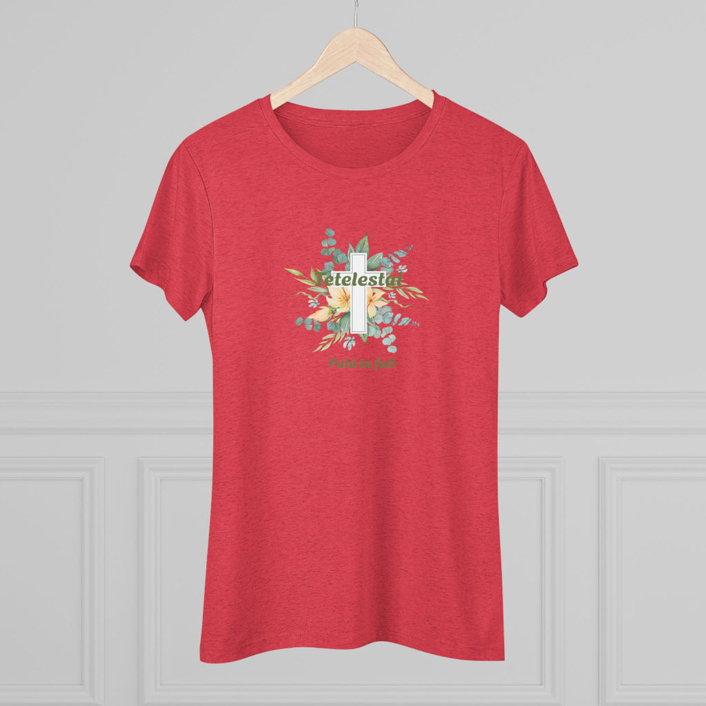 Christian Women's Tee — "Paid in Full" Tetelestai Floral Cross Faith T-Shirt