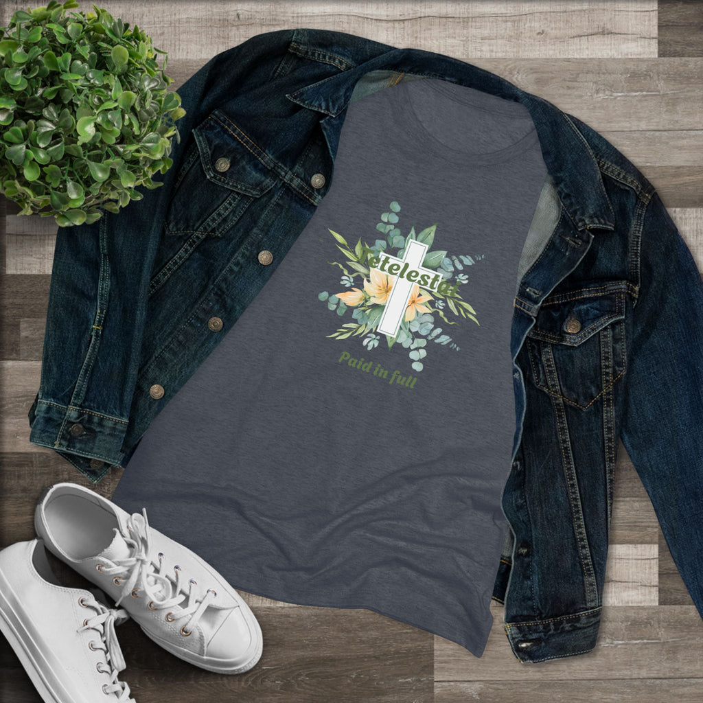 Christian Women's Tee — "Paid in Full" Tetelestai Floral Cross Faith T-Shirt