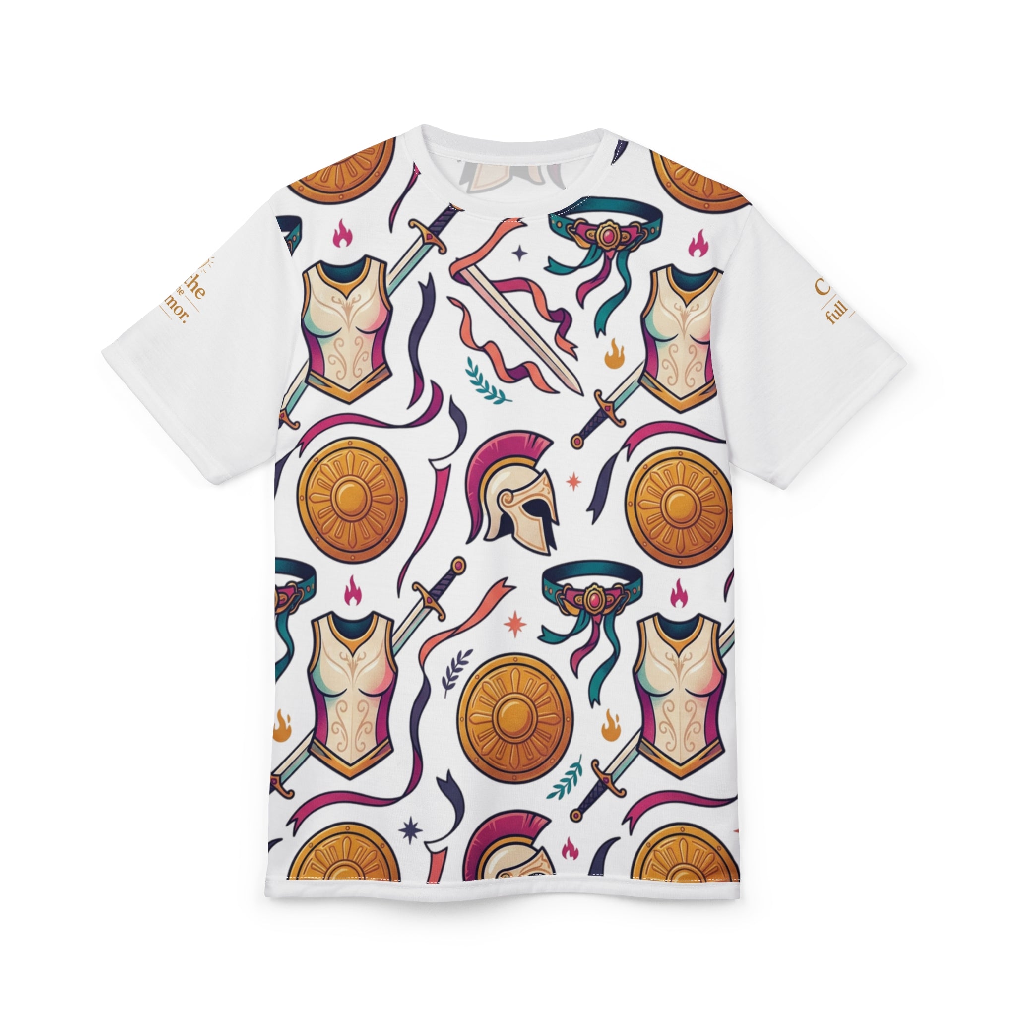 Warrior Armor(Ephesians 6:11) Pattern Tee — Greek Helmet, Shield & Sword All-Over Print
