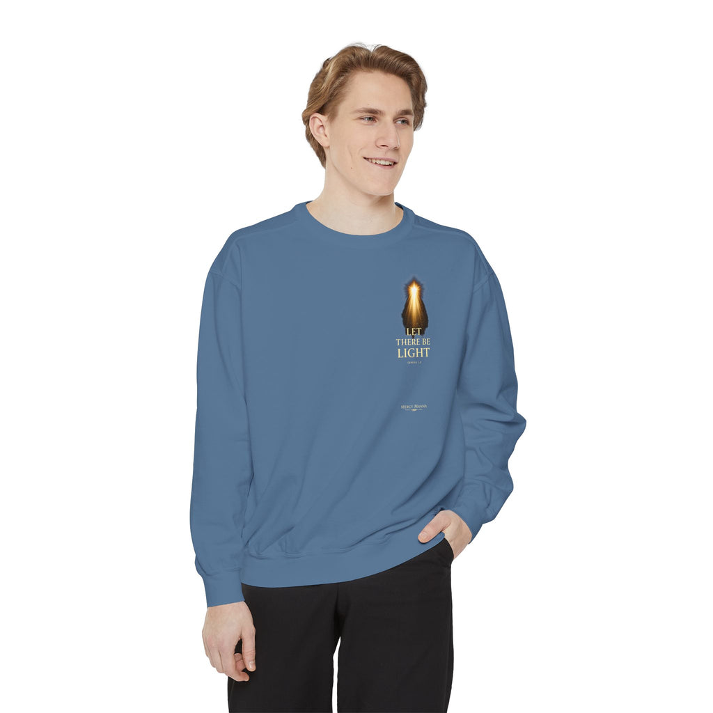 Christian Crewneck Sweatshirt — "Let There Be Light" Cozy Religious Light Figurine Sweatshirt