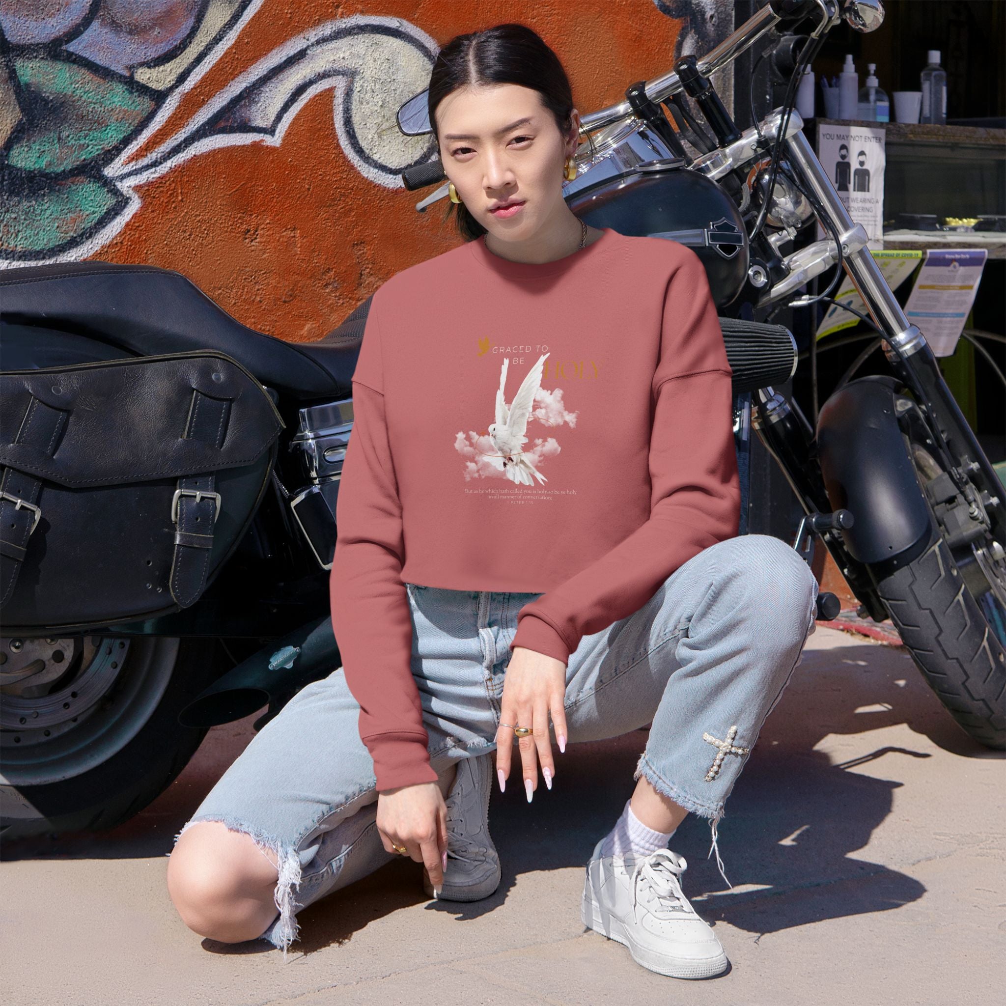 Christian Cropped Sweatshirt — "Created to Be Holy" Dove in Cloud Graphic