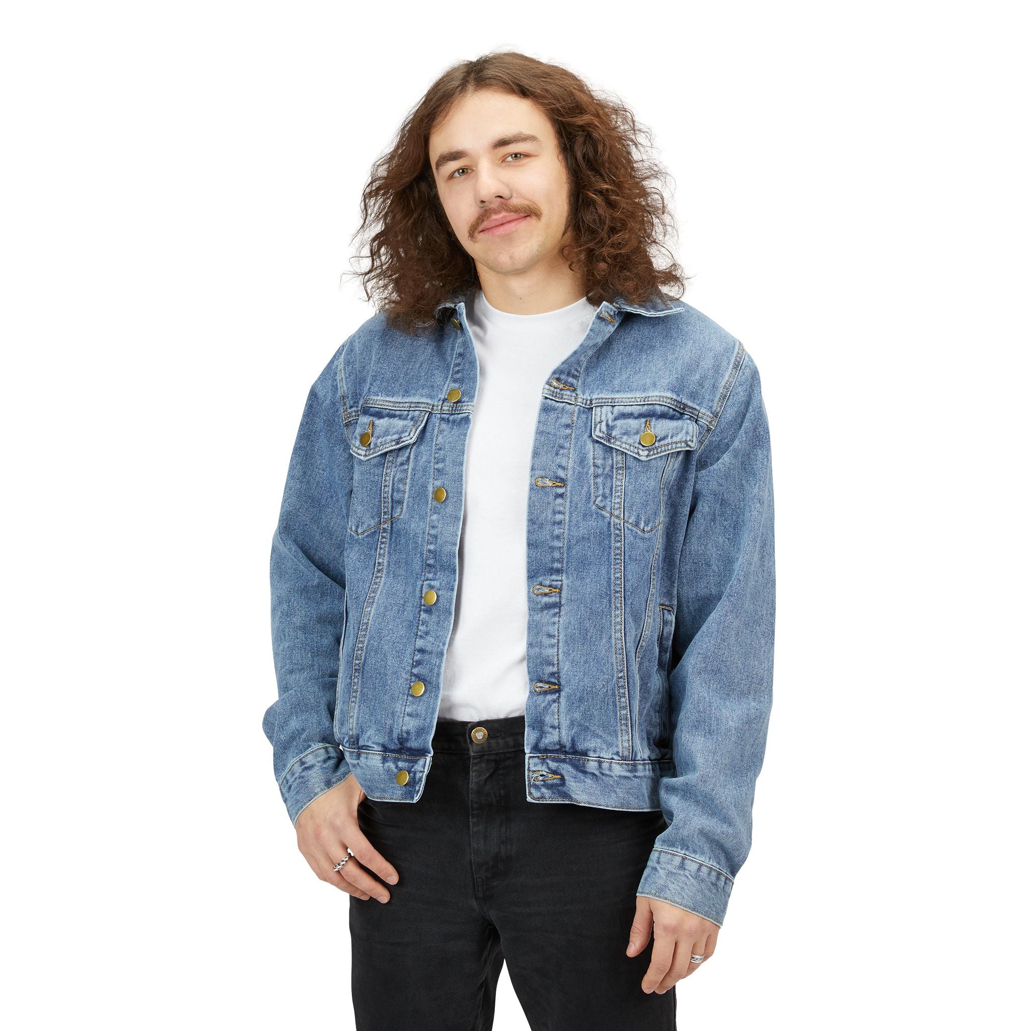 Men's Christian Denim Jacket — "Trust in God" Golden Angel Wings Embroidered Back