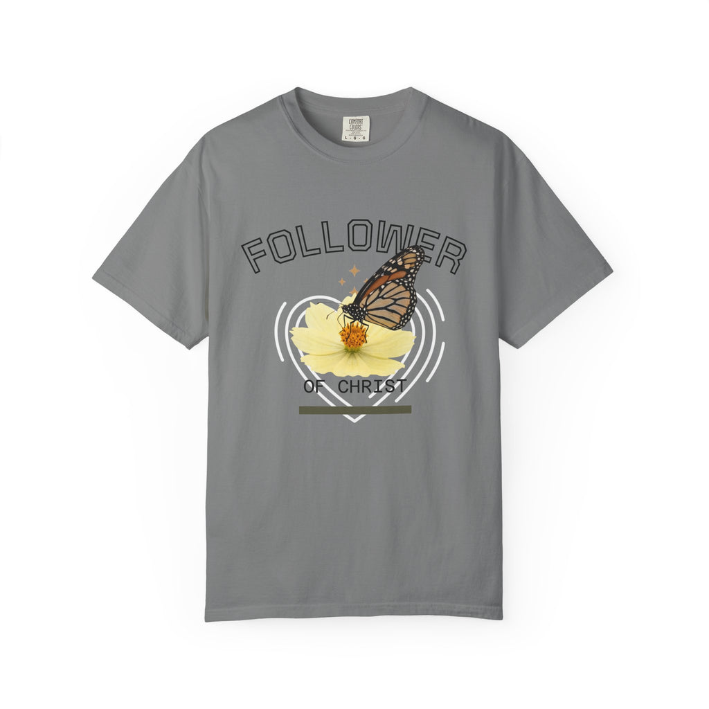 Follower of Christ T-Shirt — Scripture Butterfly Christian Tee (1 Corinthians 11:1) a call to follow.