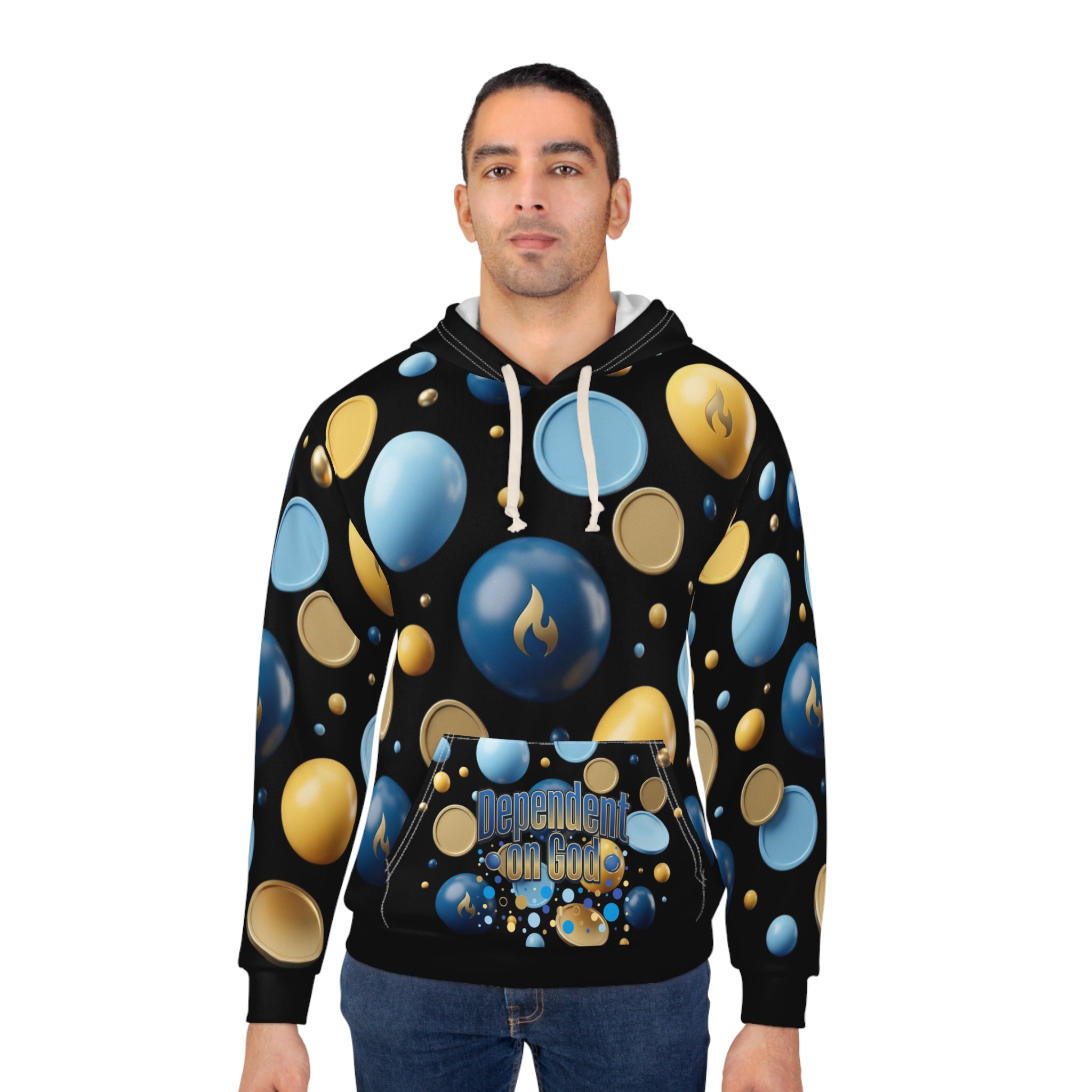 Dependent on God Hoodie — Blue & Gold Bubble Print