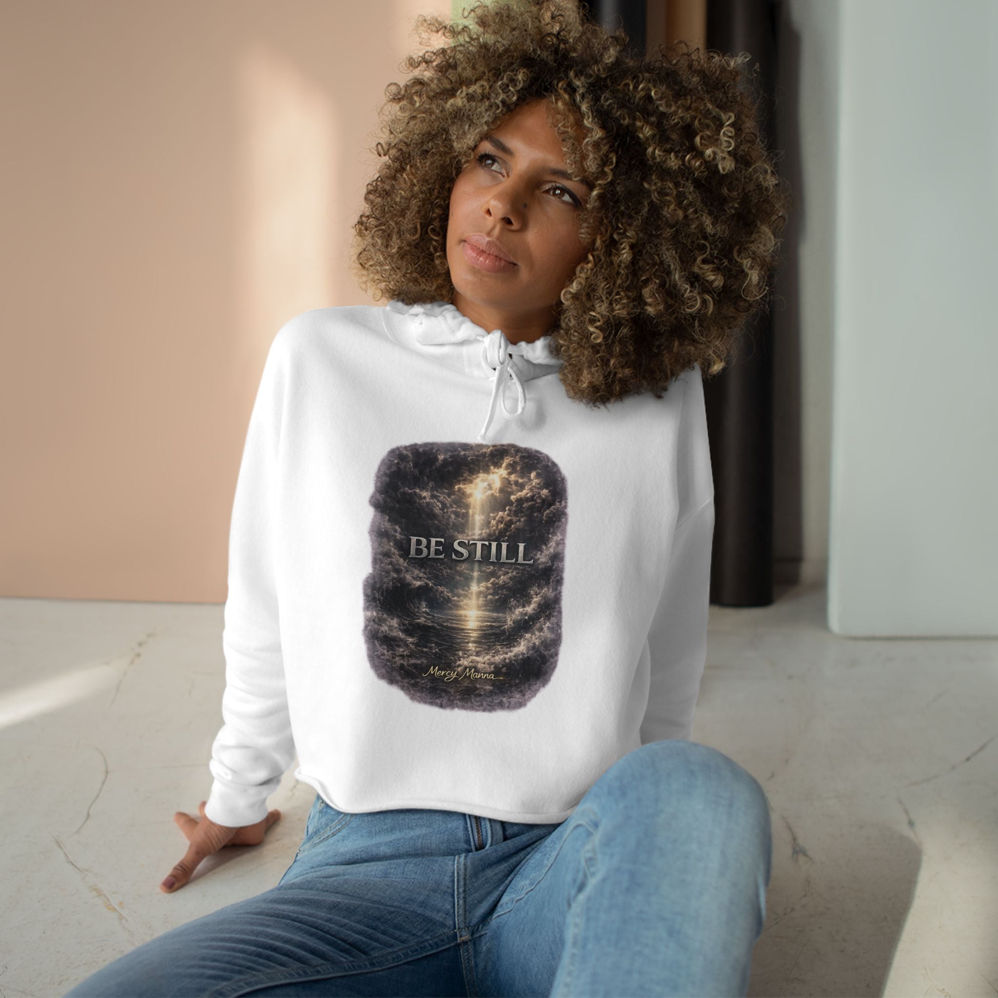 Women's Christian Crop Hoodie — "Be Still" Psalm 46:10 Inspirational Pullover