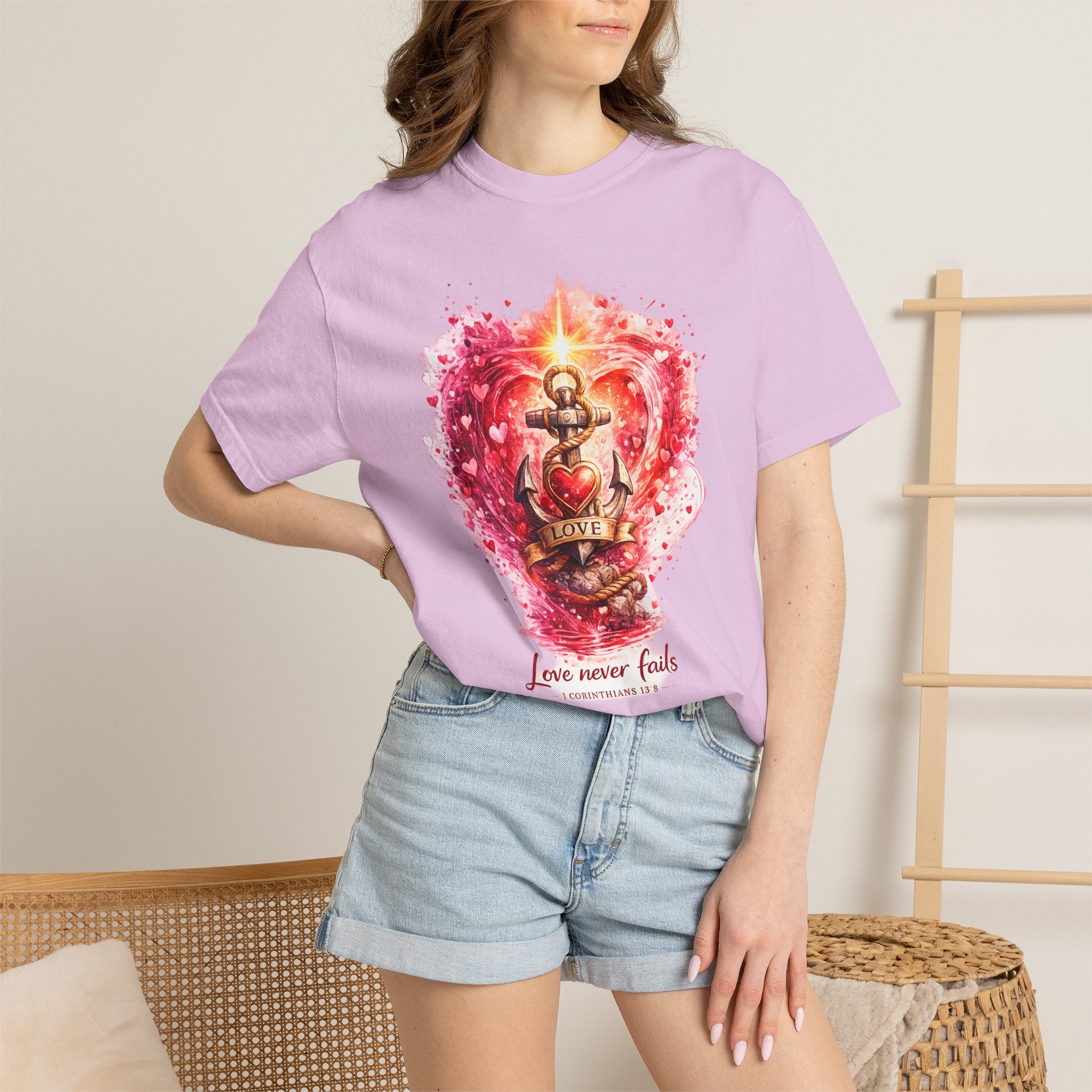 Christian T‑Shirt — 'Love Never Fails' Anchor Heart Graphic Tee
