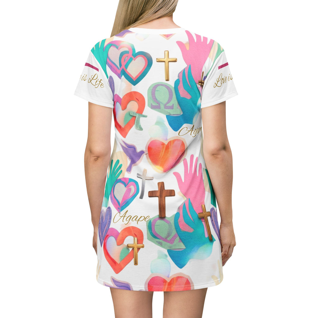 Christian T-Shirt Dress — "Love is Life" Agape Cross, Dove & Heart All-Over Print