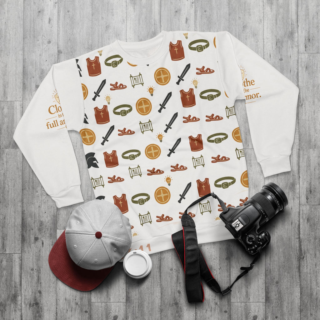 Armor of God Pattern Sweatshirt — Christian Faith Symbols All-Over Print
