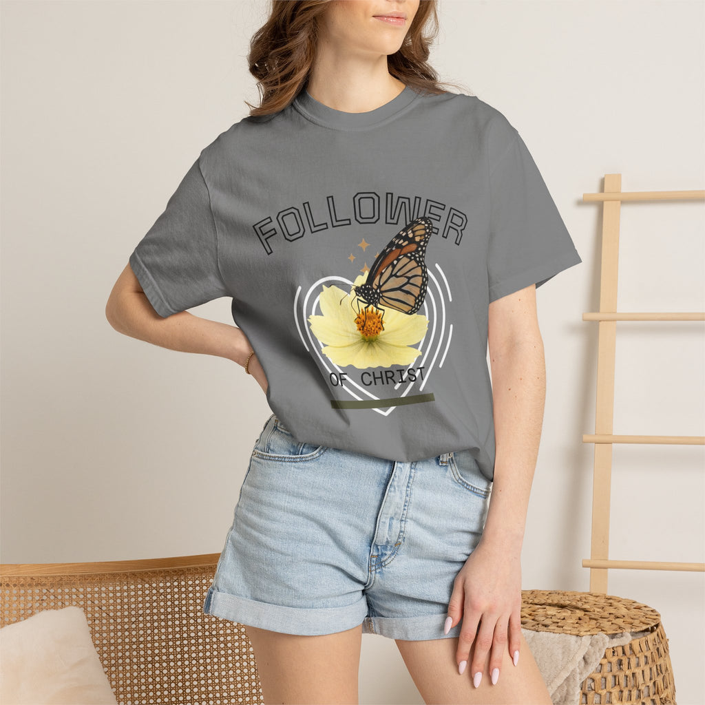 Follower of Christ T-Shirt — Scripture Butterfly Christian Tee (1 Corinthians 11:1) a call to follow.