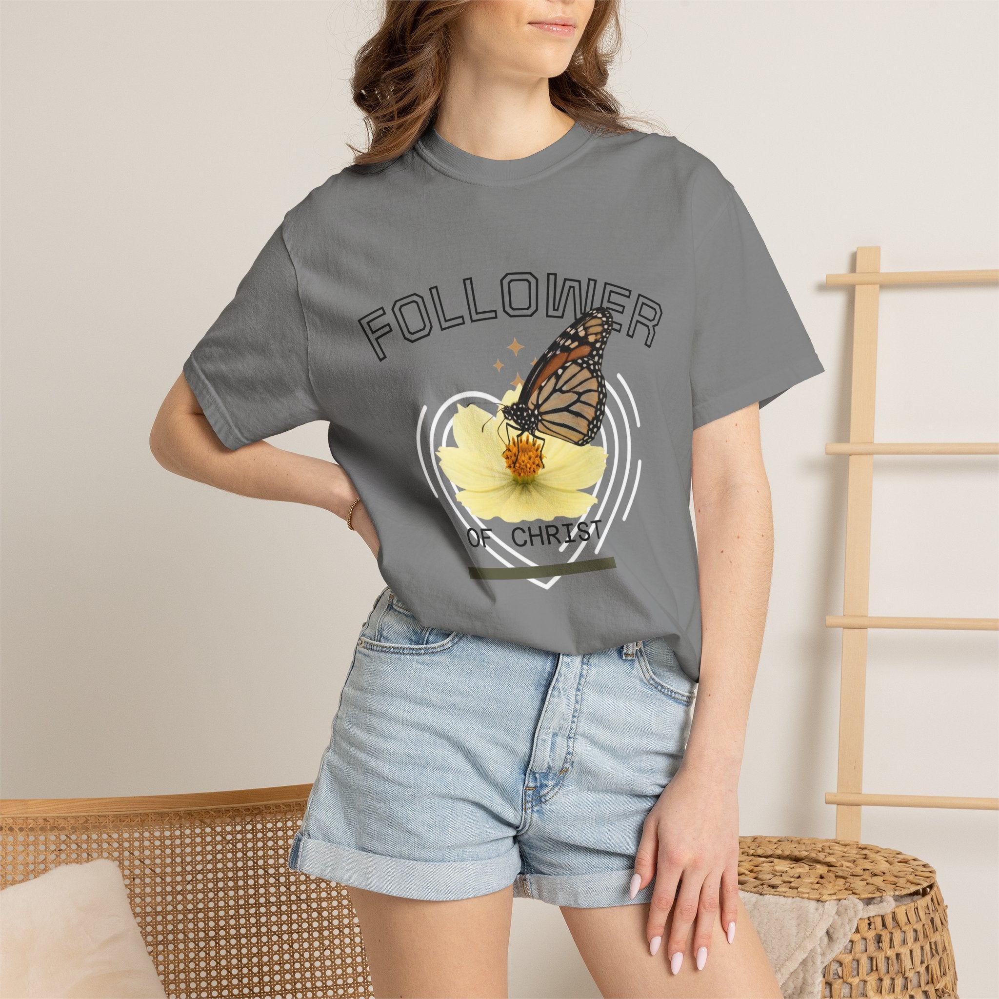 Follower of Christ T-Shirt — Scripture Butterfly Christian Tee (1 Corinthians 11:1) a call to follow.