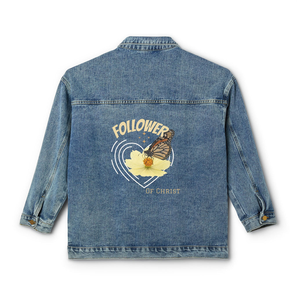 Women's Christian Denim Jacket — Follower of Christ Floral Butterfly Back