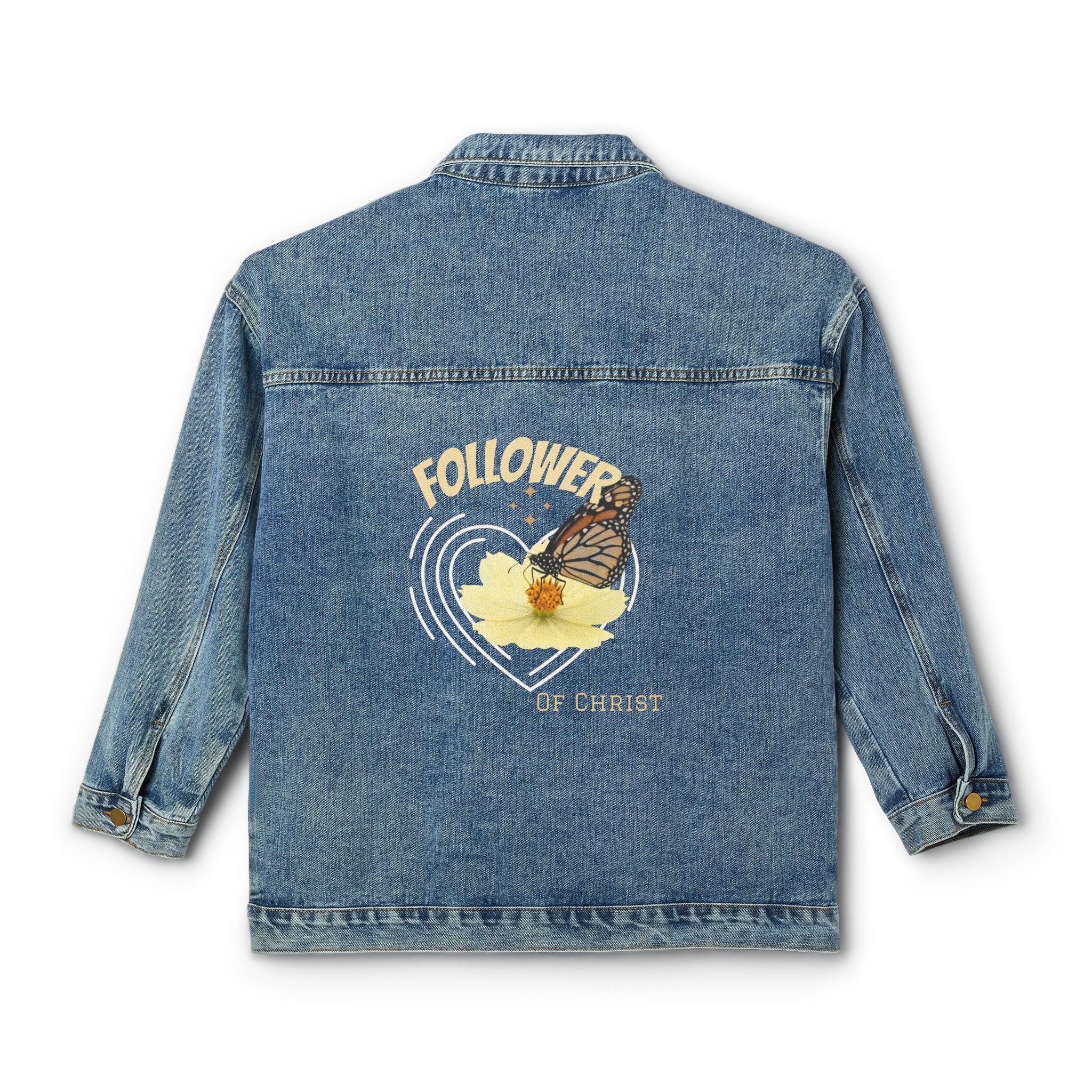 Women's Christian Denim Jacket — Follower of Christ Floral Butterfly Back
