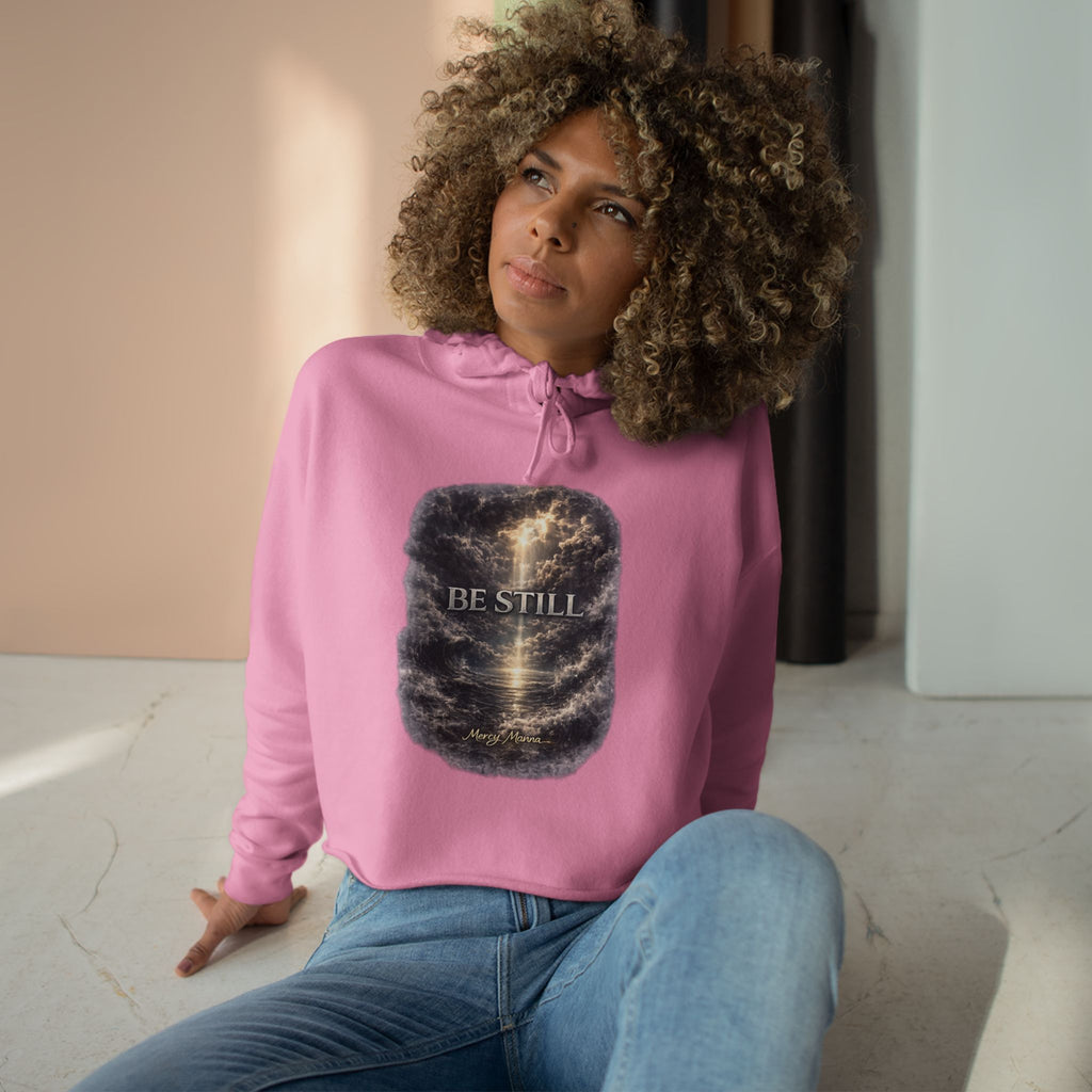 Women's Christian Crop Hoodie — "Be Still" Psalm 46:10 Inspirational Pullover