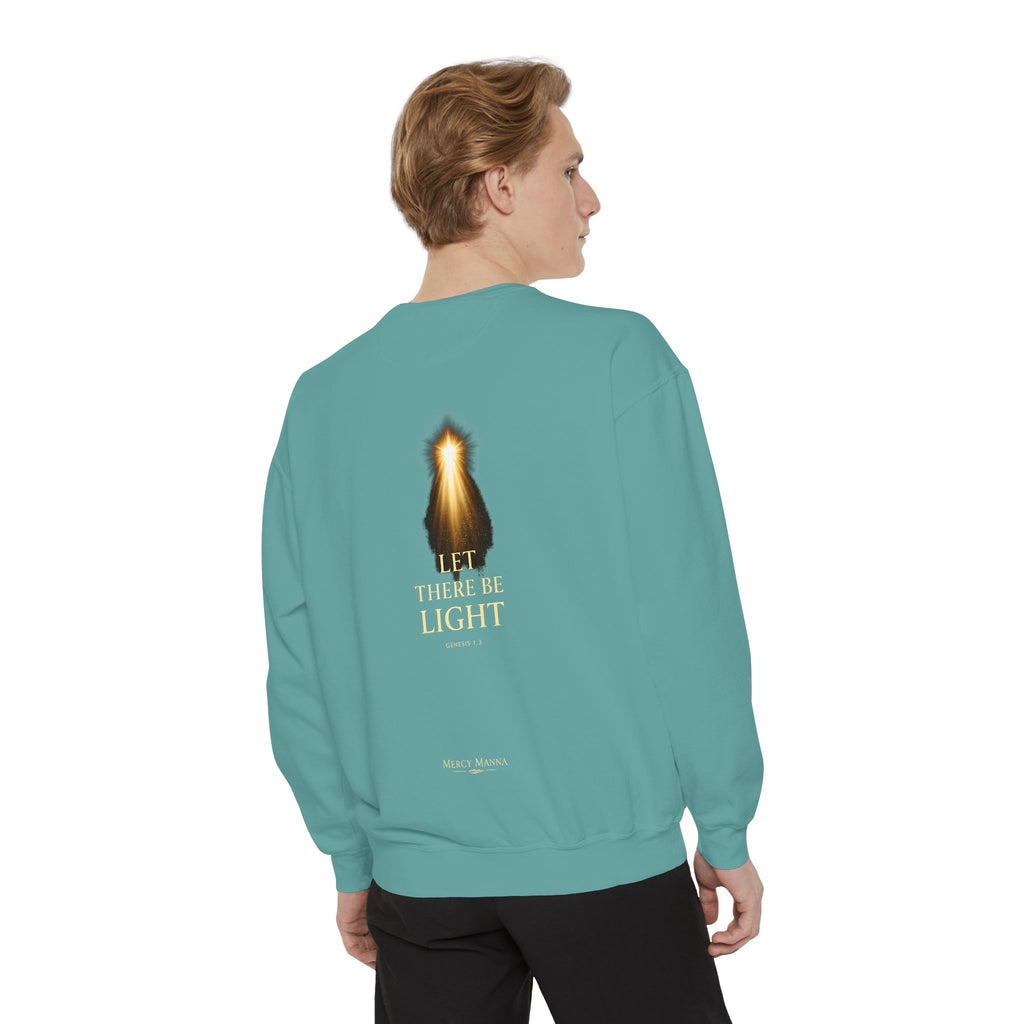 Christian Crewneck Sweatshirt — "Let There Be Light" Cozy Religious Light Figurine Sweatshirt