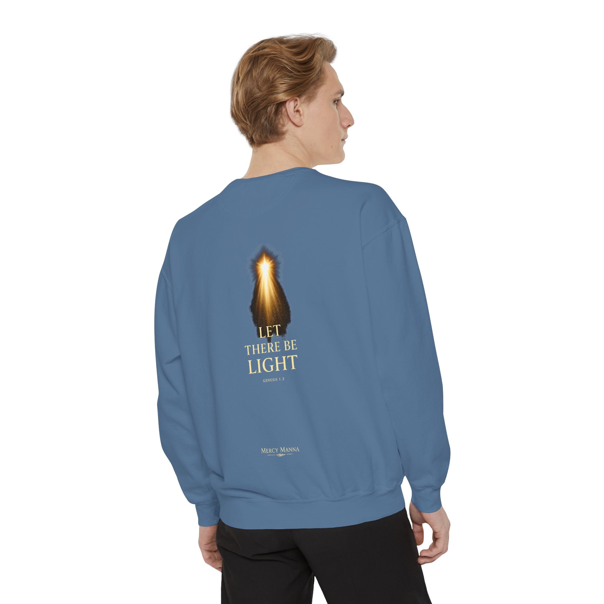 Christian Crewneck Sweatshirt — "Let There Be Light" Cozy Religious Light Figurine Sweatshirt