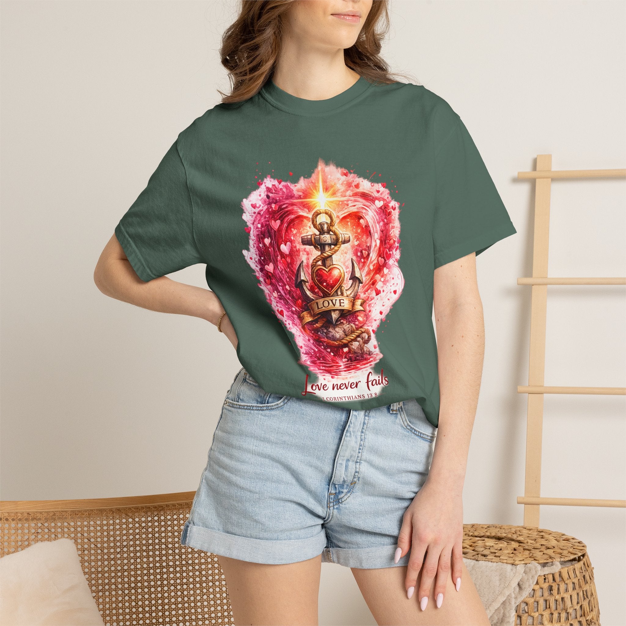 Christian T‑Shirt — 'Love Never Fails' Anchor Heart Graphic Tee