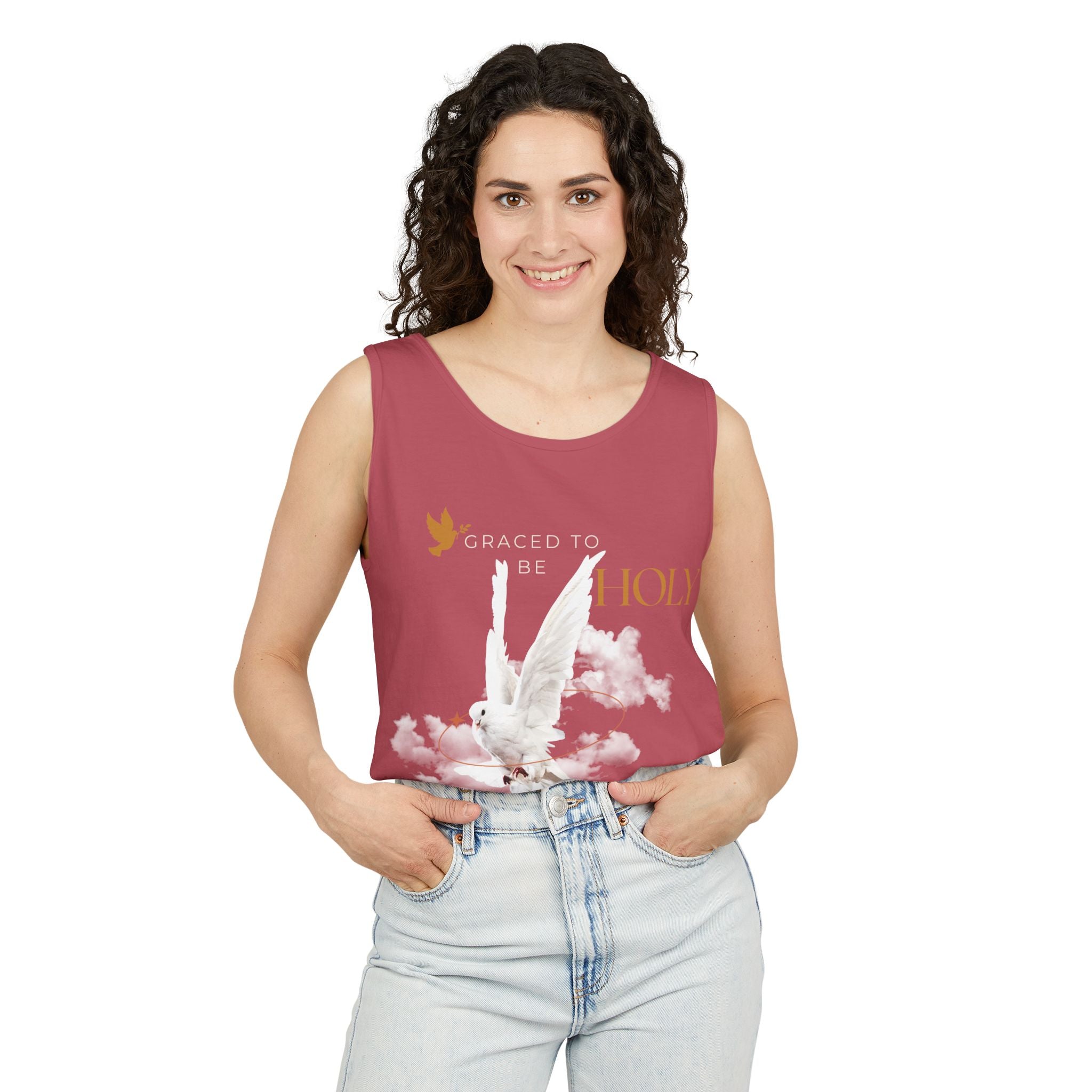 Christian Tank Top — "Graced to Be Holy" Dove Graphic Christian Tank