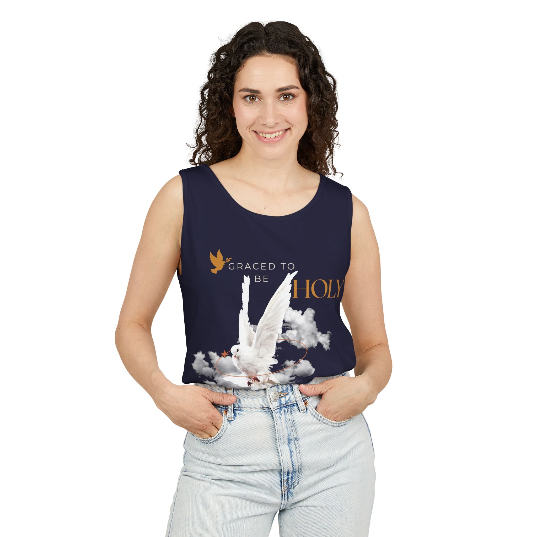 Christian Tank Top — "Graced to Be Holy" Dove Graphic Christian Tank